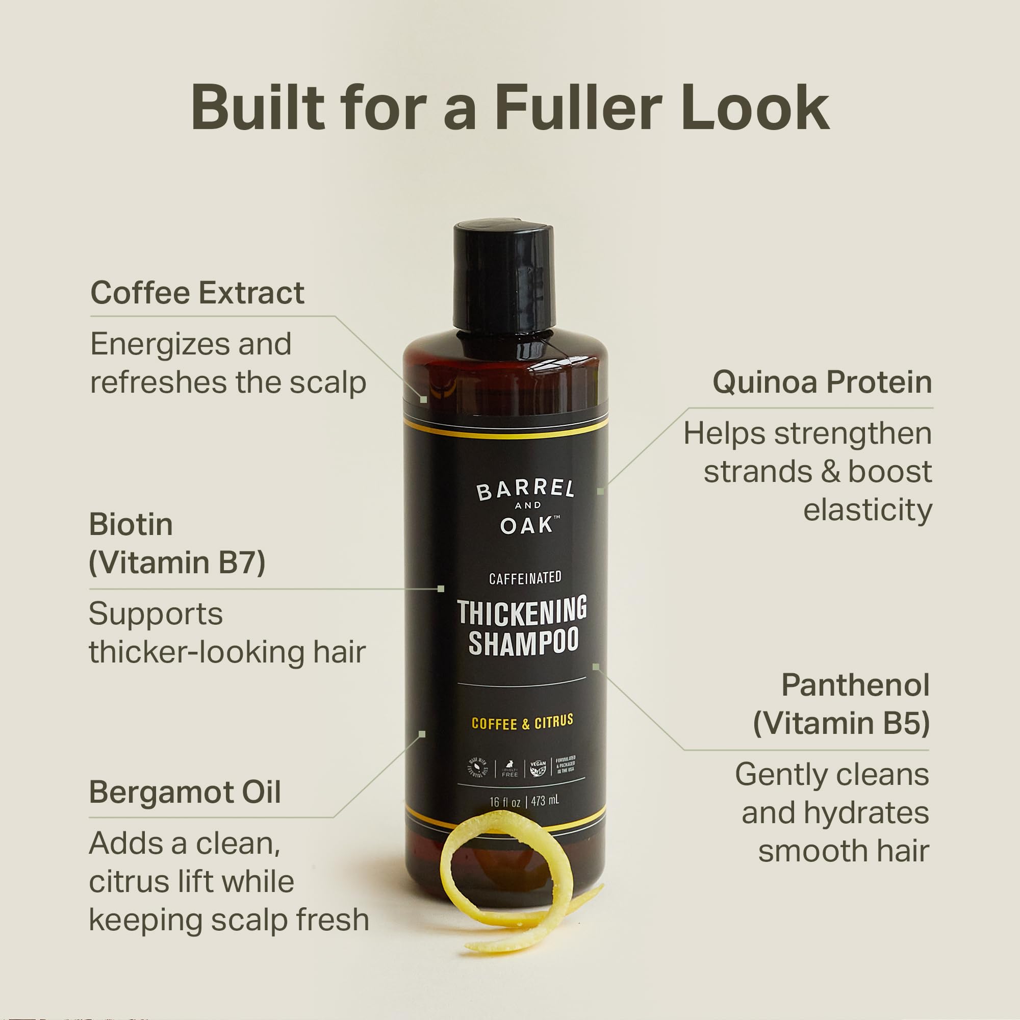Barrel & Oak Coffee & Citrus Caffeinated Hair Thickening Shampoo for Men | Vegan, Made in USA