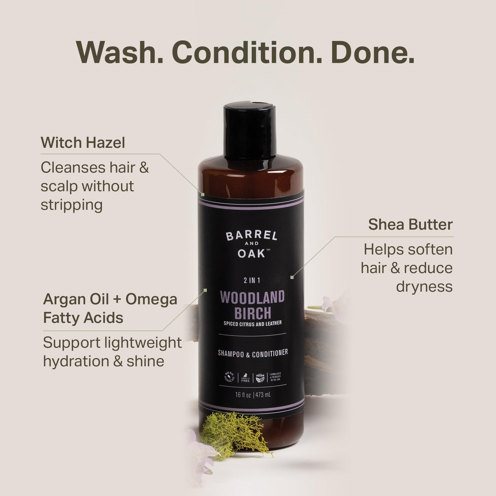 Barrel & Oak Woodland Birch 3-Piece Men’s Grooming Set | All-in-One Body Wash, 2‑in‑1 Shampoo & Conditioner, Exfoliating Bar