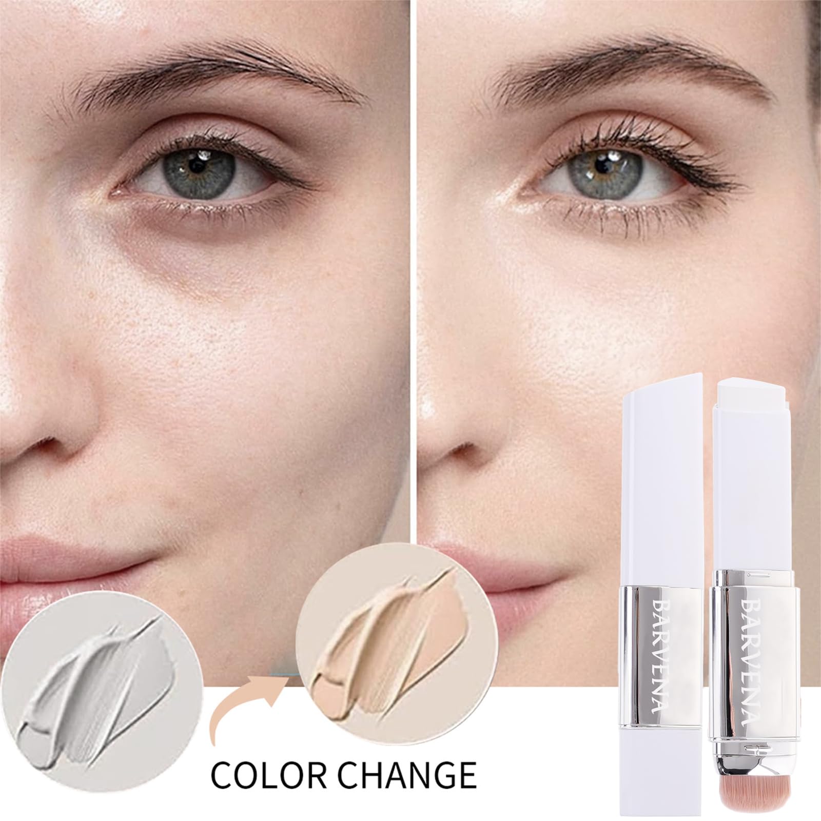 BARVENA Color Changing Foundation Stick with Brush | 2-in-1 Waterproof, Long-Lasting, Dewy Finish