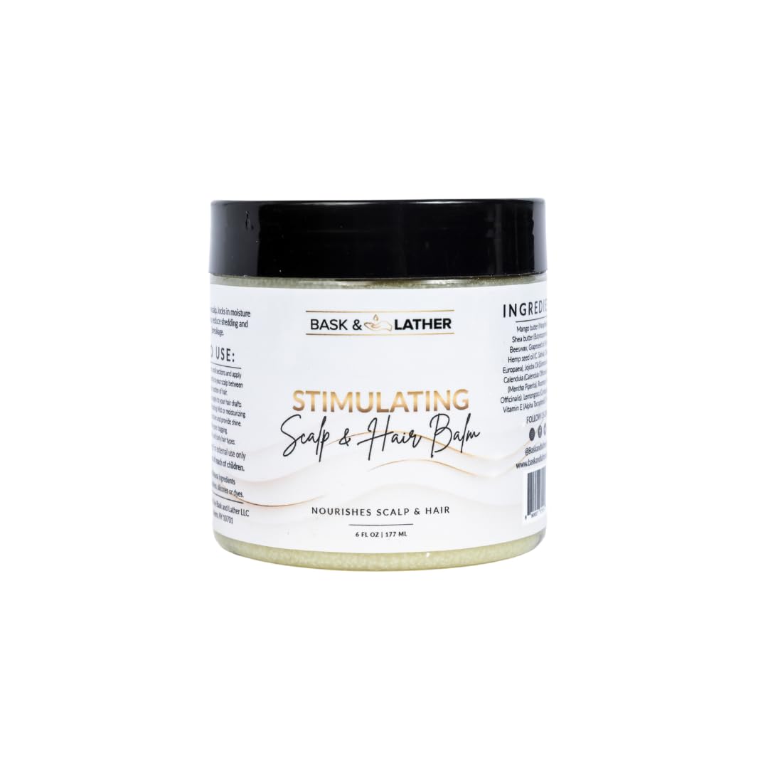Bask & Lather Stimulating Scalp & Hair Balm for Hair Growth – Mango & Shea Butter, Peppermint & Rosemary, Vitamin E | 6 oz