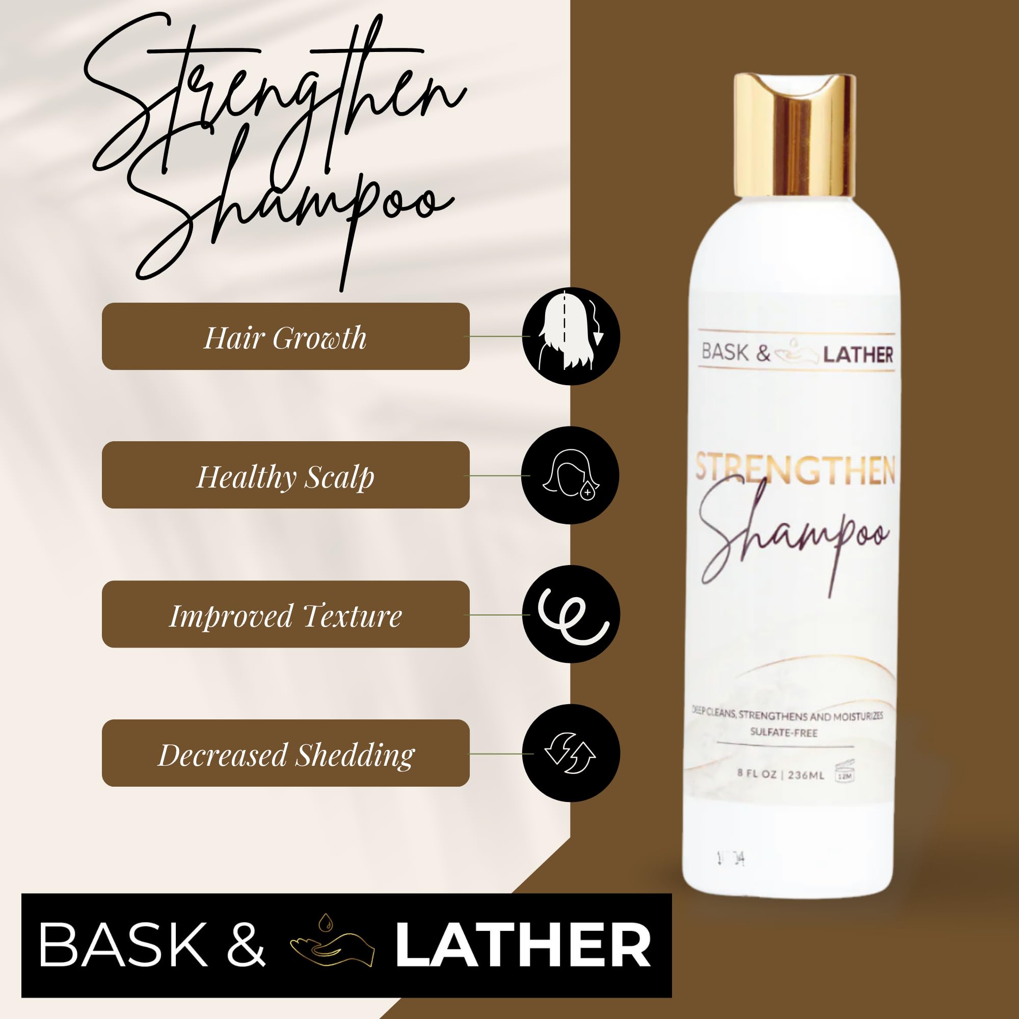 BASK & LATHER Strengthen Hair Shampoo – All-Natural, pH-Balanced, Sulfate-Free (8 oz)