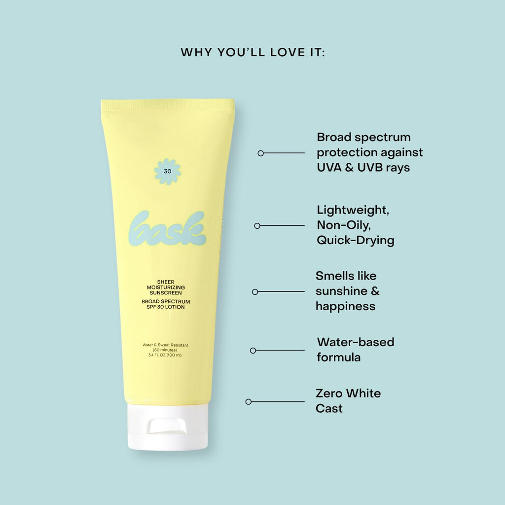 Bask Suncare SPF 30 Sheer Sunscreen Lotion | Broad Spectrum UVA/UVB
