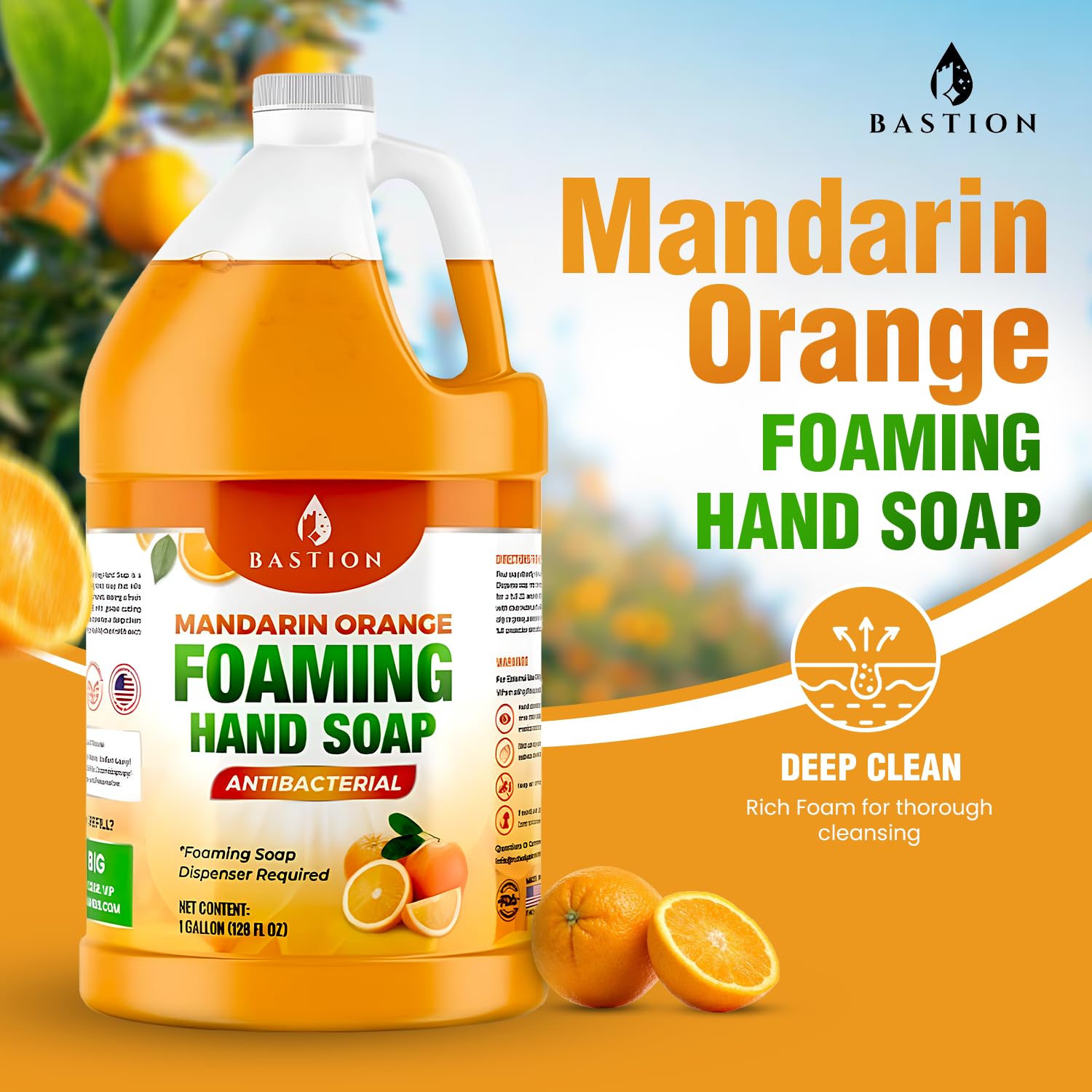 Bastion Mandarin Orange Foaming Hand Soap — 1 Gallon Refill, USA Made