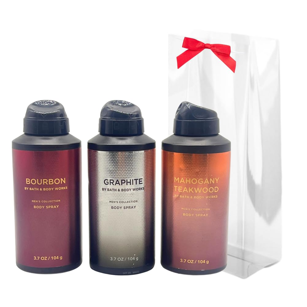 Bath & Body Works Men's 3-Piece Deodorizing Body Spray Gift Set – Mahogany Teakwood, Graphite, Bourbon