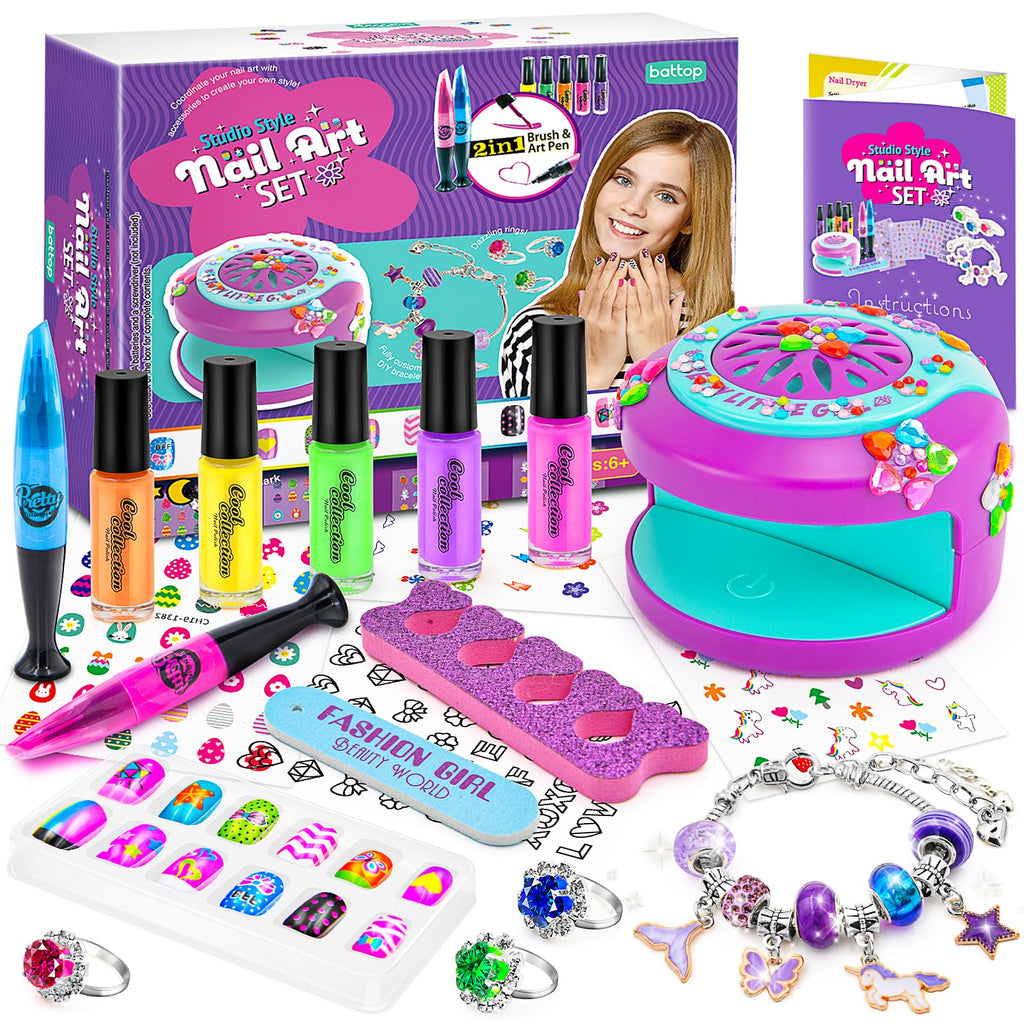 BATTOP Kids Nail Polish Set for Girls – Water-Based, Non-Toxic Nail Art Kit with Dryer, Fake Nails, Stickers & Pen | Gift for Ages 6–12