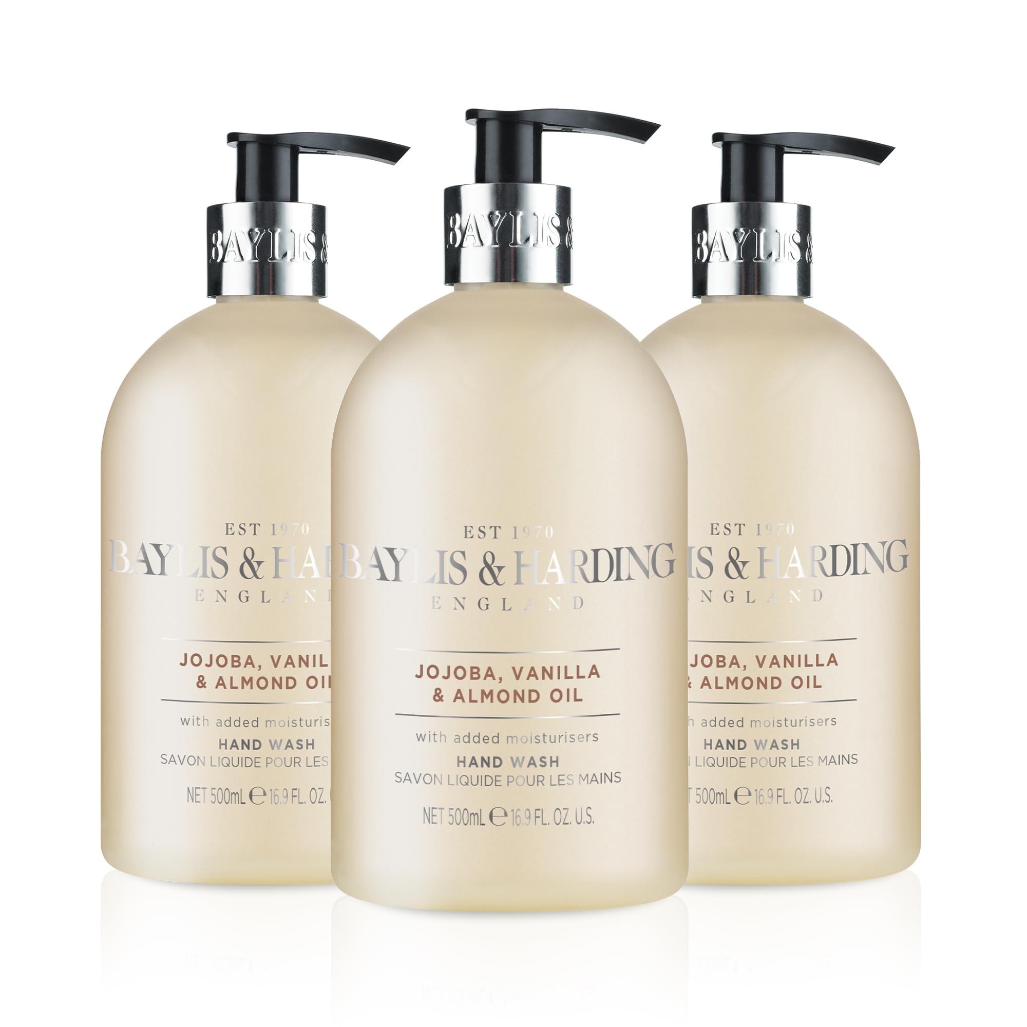 Baylis & Harding Liquid Hand Soap with Dispenser – Jojoba, Vanilla & Almond Oil (3-Pack) | 16.9oz/500ml