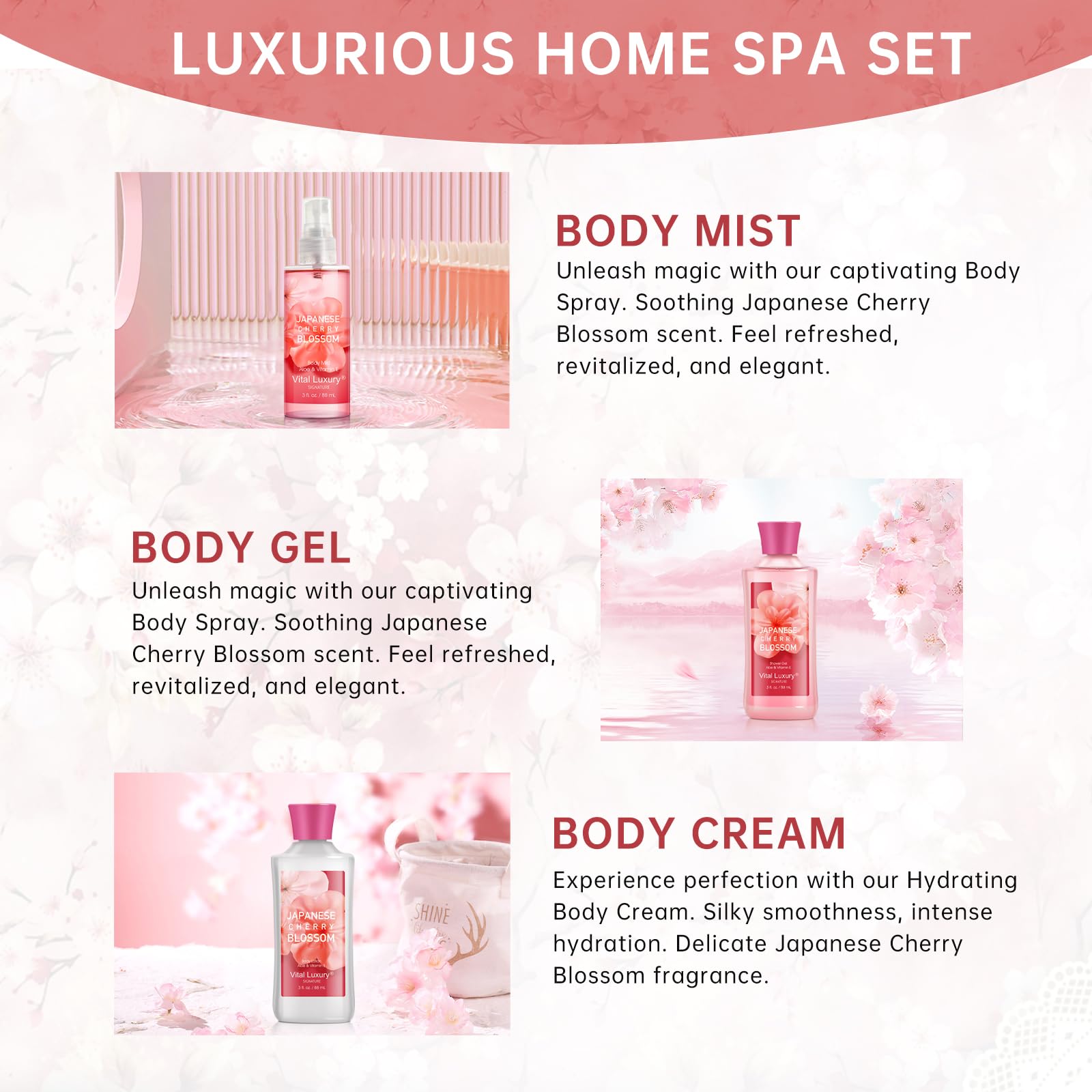 BBlove Japanese Cherry Blossom Spa Gift Set – 3-Piece Travel Bath & Body Kit