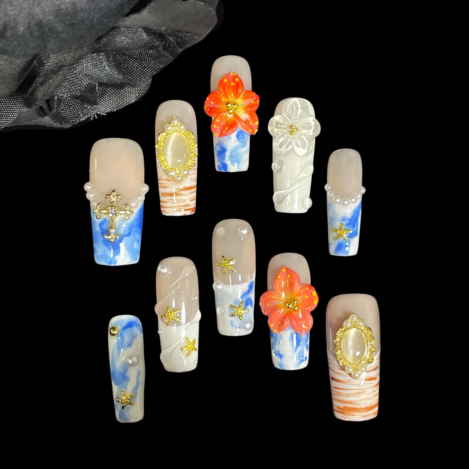 BByogooz Handmade 3D Ocean Design Press-On Nails – Azure, Gold Frame & Pearl Accents (Medium-Long Square)