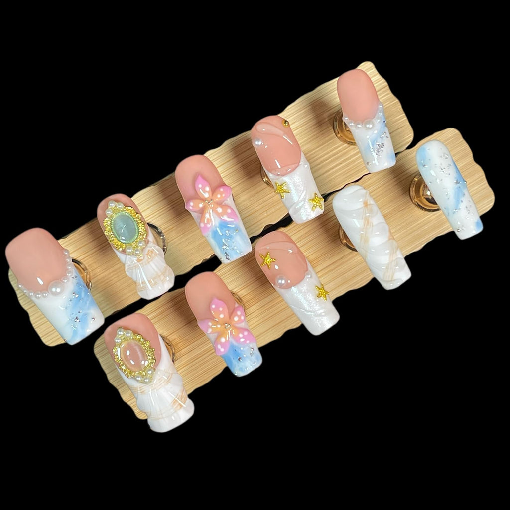 BByogooz Pink 3D Floral & Gold Decor Press-On Nails – Medium-Long Square, Reusable Acrylic