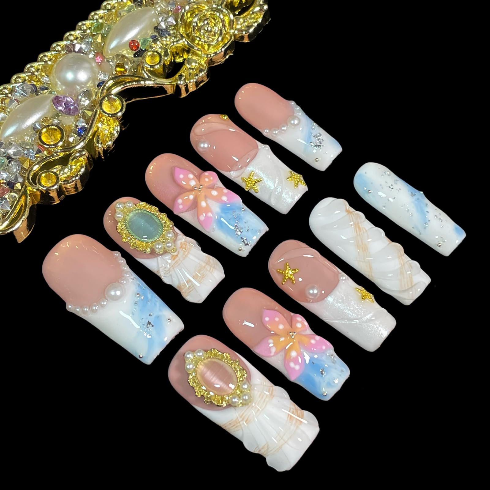 BByogooz Pink 3D Floral & Gold Decor Press-On Nails – Medium-Long Square, Reusable Acrylic