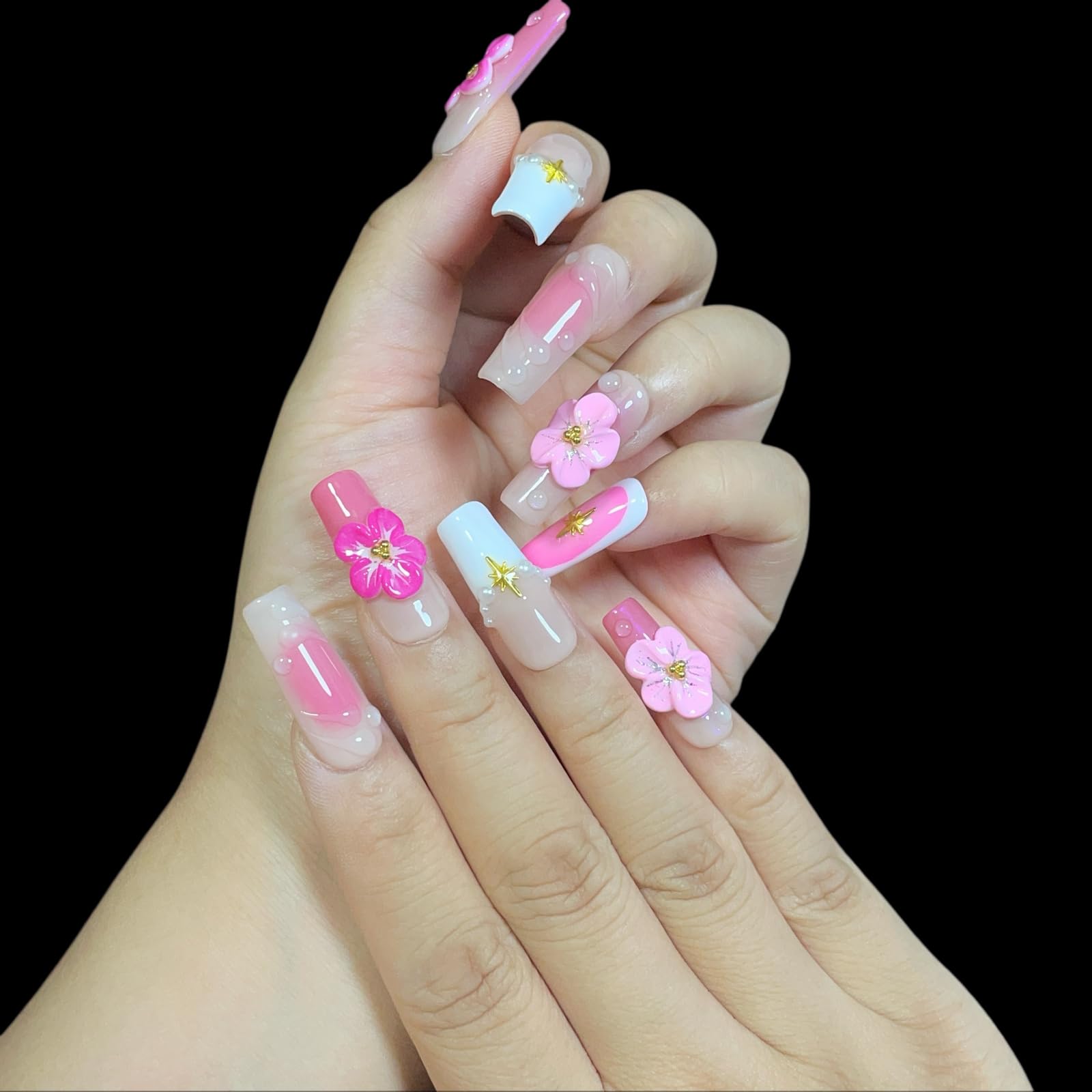 BByogooz Handmade Press On Nails – Pink Sakura 3D Design with Gold Stars & Pearls (Medium/Long, Square)