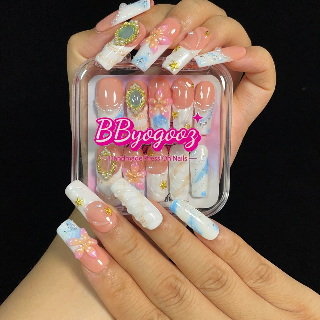 BByogooz Pink 3D Floral & Gold Decor Press-On Nails – Medium-Long Square, Reusable Acrylic