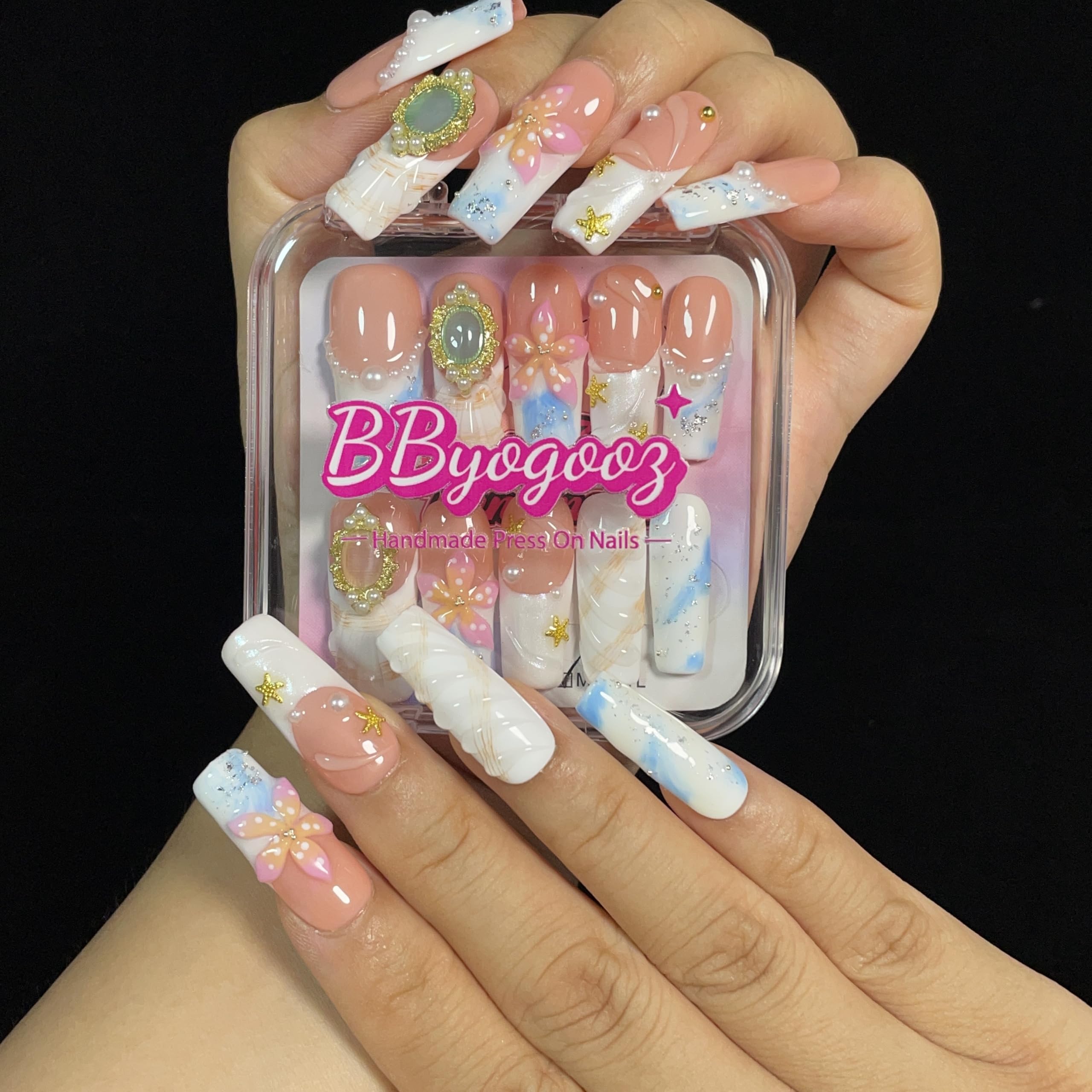 BByogooz Pink 3D Floral & Gold Decor Press-On Nails – Medium-Long Square, Reusable Acrylic