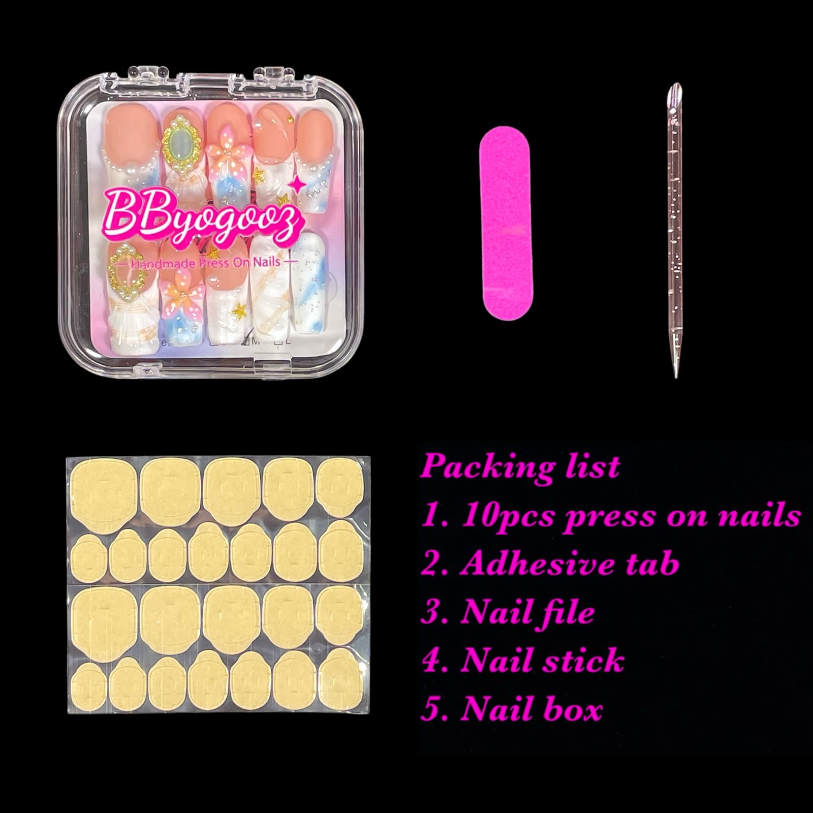 BByogooz Pink 3D Floral & Gold Decor Press-On Nails – Medium-Long Square, Reusable Acrylic