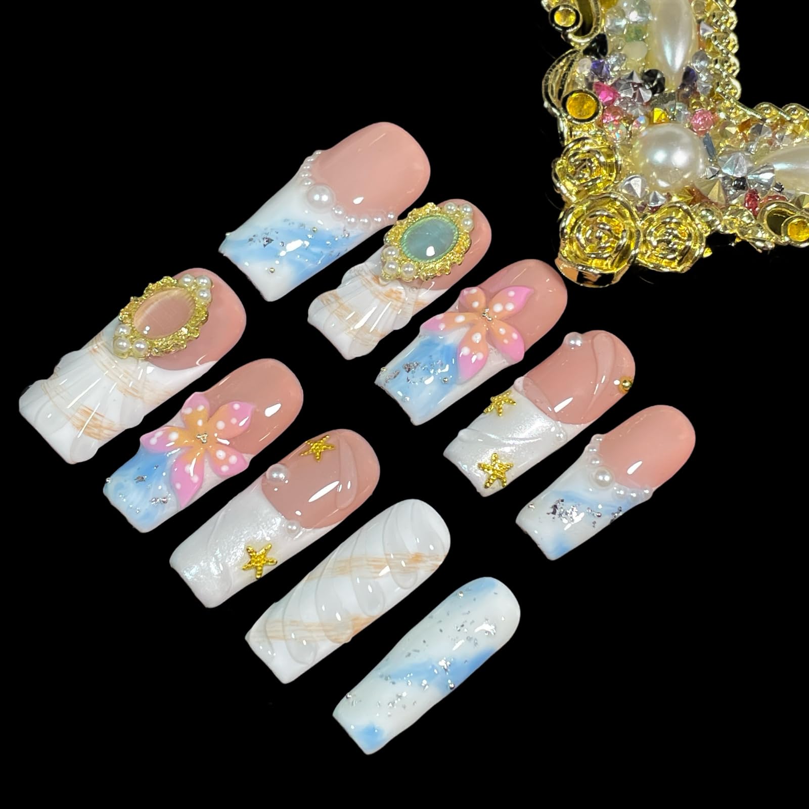 BByogooz Pink 3D Floral & Gold Decor Press-On Nails – Medium-Long Square, Reusable Acrylic