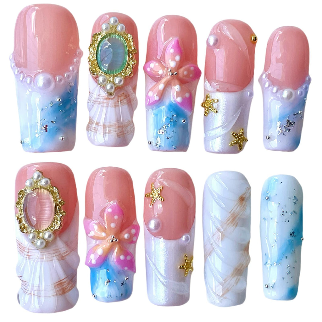 BByogooz Pink 3D Floral & Gold Decor Press-On Nails – Medium-Long Square, Reusable Acrylic