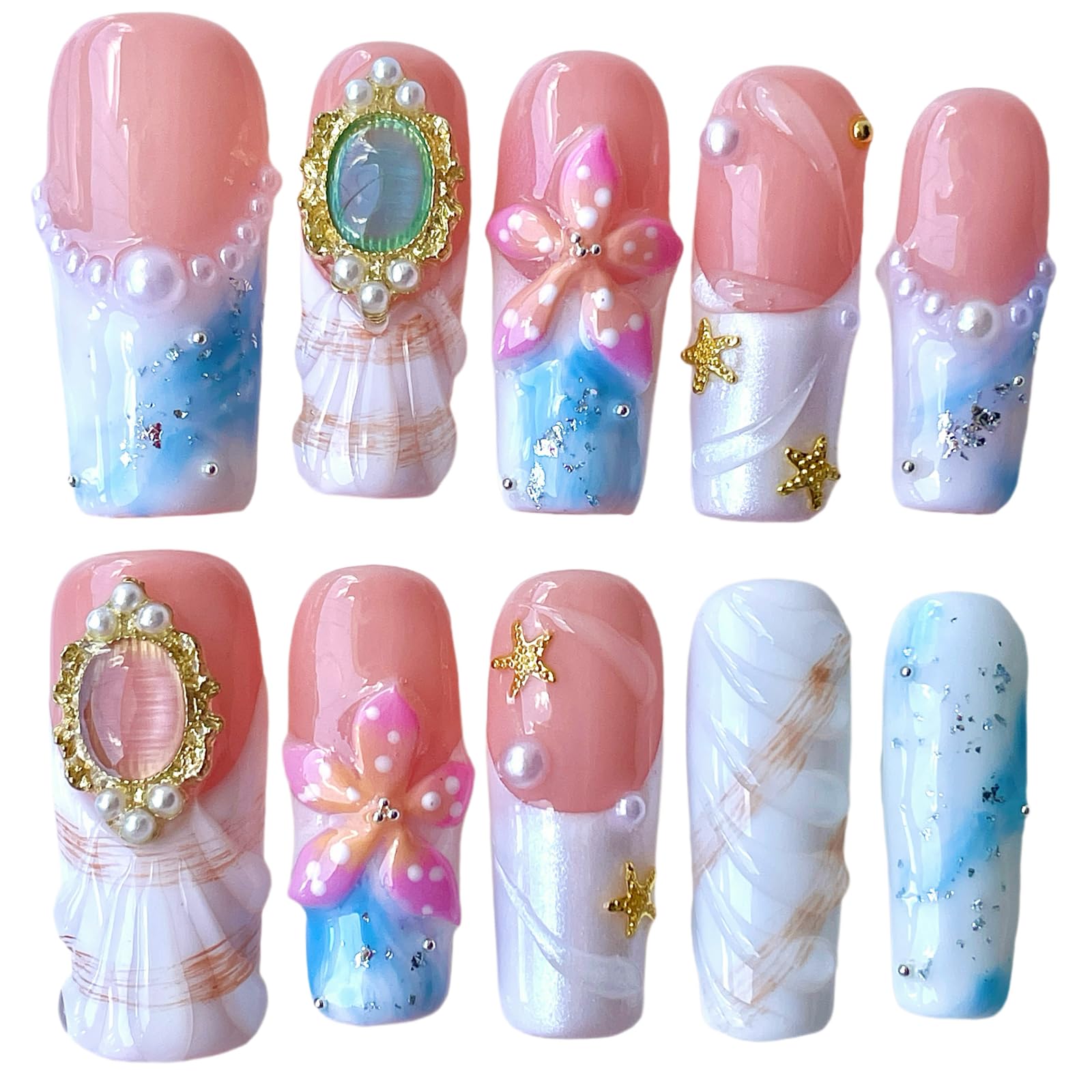 BByogooz Pink 3D Floral & Gold Decor Press-On Nails – Medium-Long Square, Reusable Acrylic