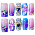BByogooz Handmade Press On Nails - Pink-Blue Ombre, 3D Flowers, Rhinestones (L, Sapphire)
