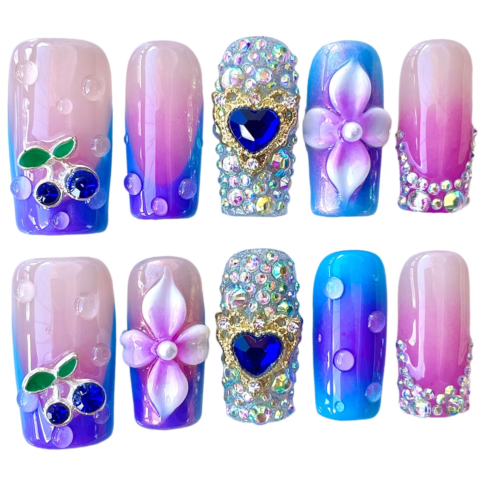BByogooz Handmade Press On Nails - Pink-Blue Ombre, 3D Flowers, Rhinestones (L, Sapphire)