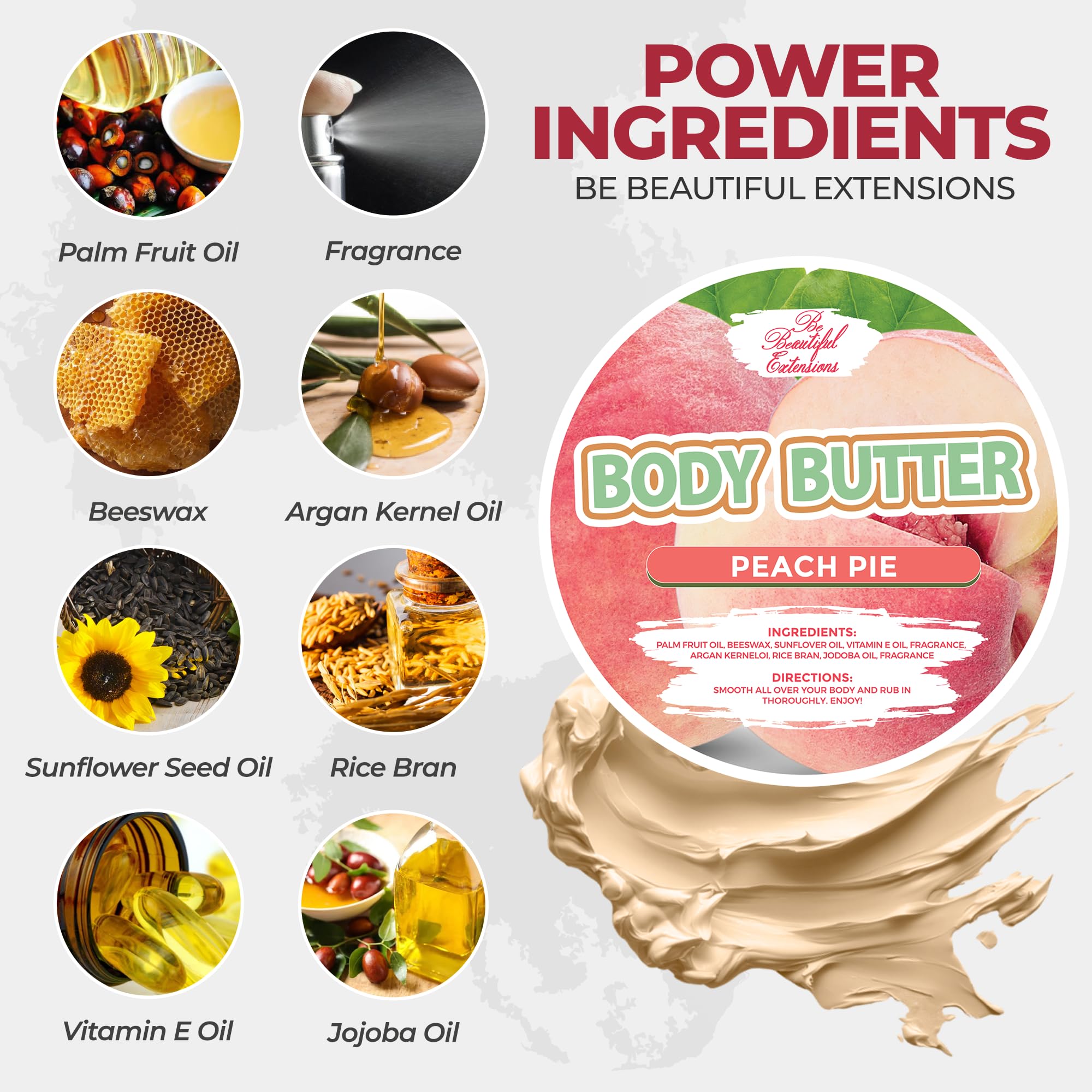 BE BEAUTIFUL EXTENSIONS Body Butter Peach Pie Scent | Long-Lasting Hydration, Jojoba Oil, 8oz