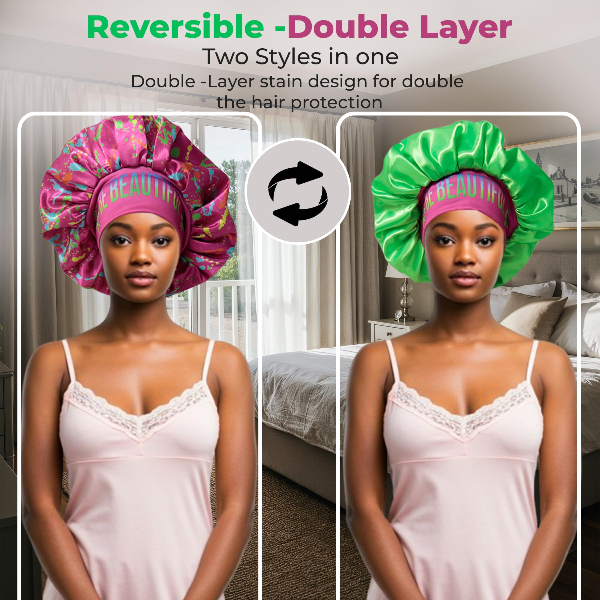 BE BEAUTIFUL EXTENSIONS: Reversible Silk Satin Sleeping Bonnet – Double Layer, Pink