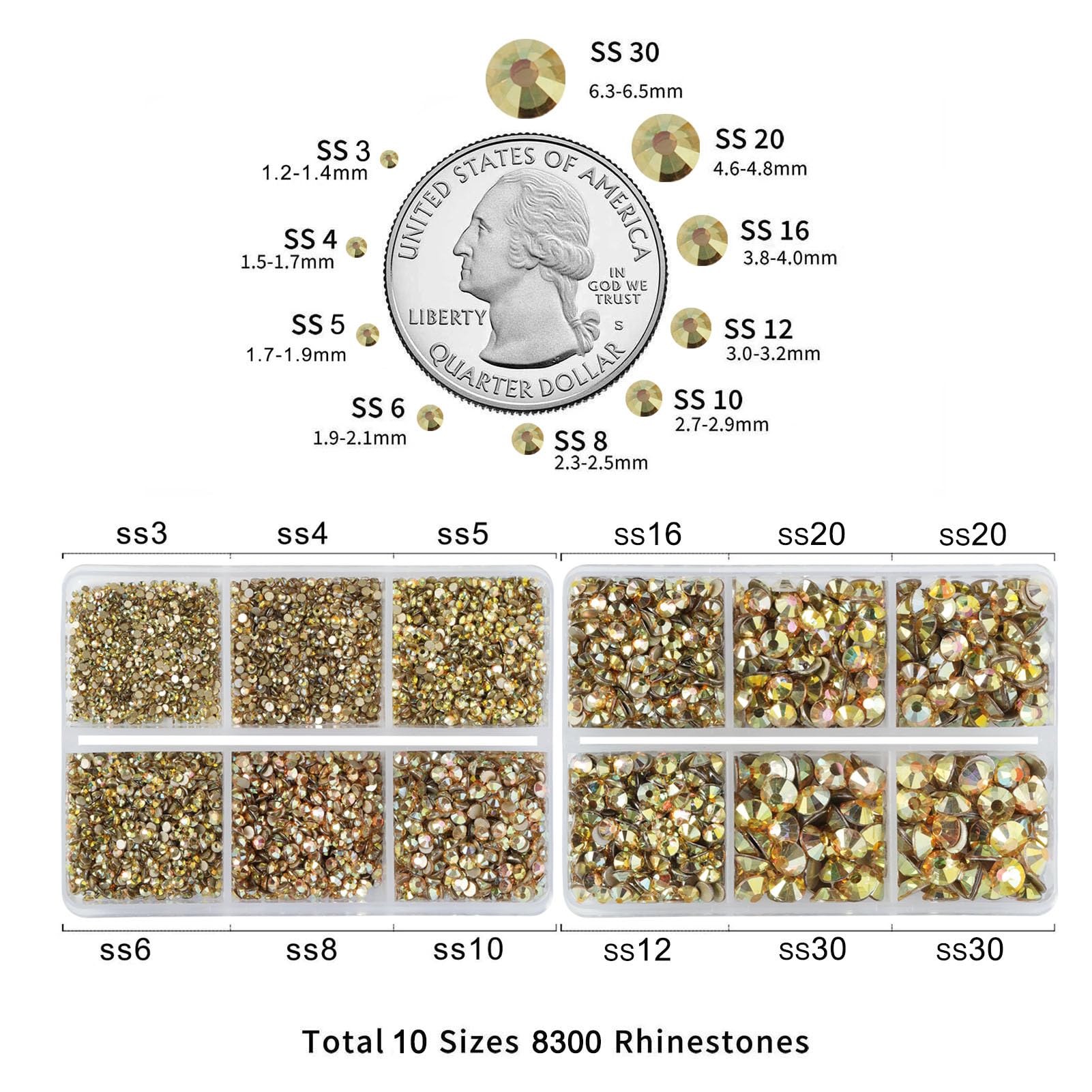 Beadsland 8300Pcs Flatback Rhinestones Kit – Gold Nail Gems in 10 Sizes SS3-SS30 with Wax Pencil & Tweezers