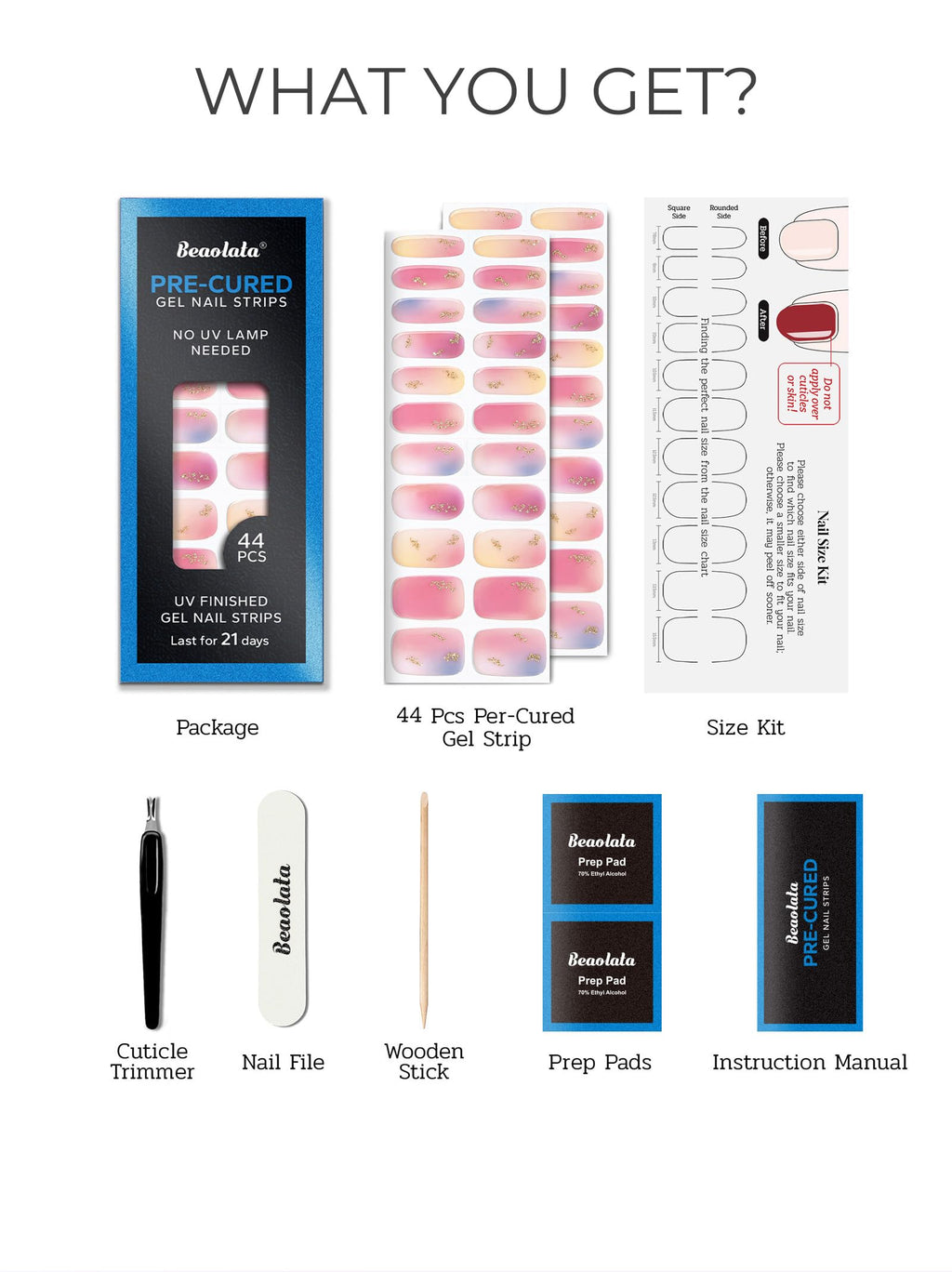 Beaolata Pre-Cured Gel Nail Strips – 44PCS Salon-Quality Gel Nail Stickers (No UV Light Needed) Metallic Pink Maze