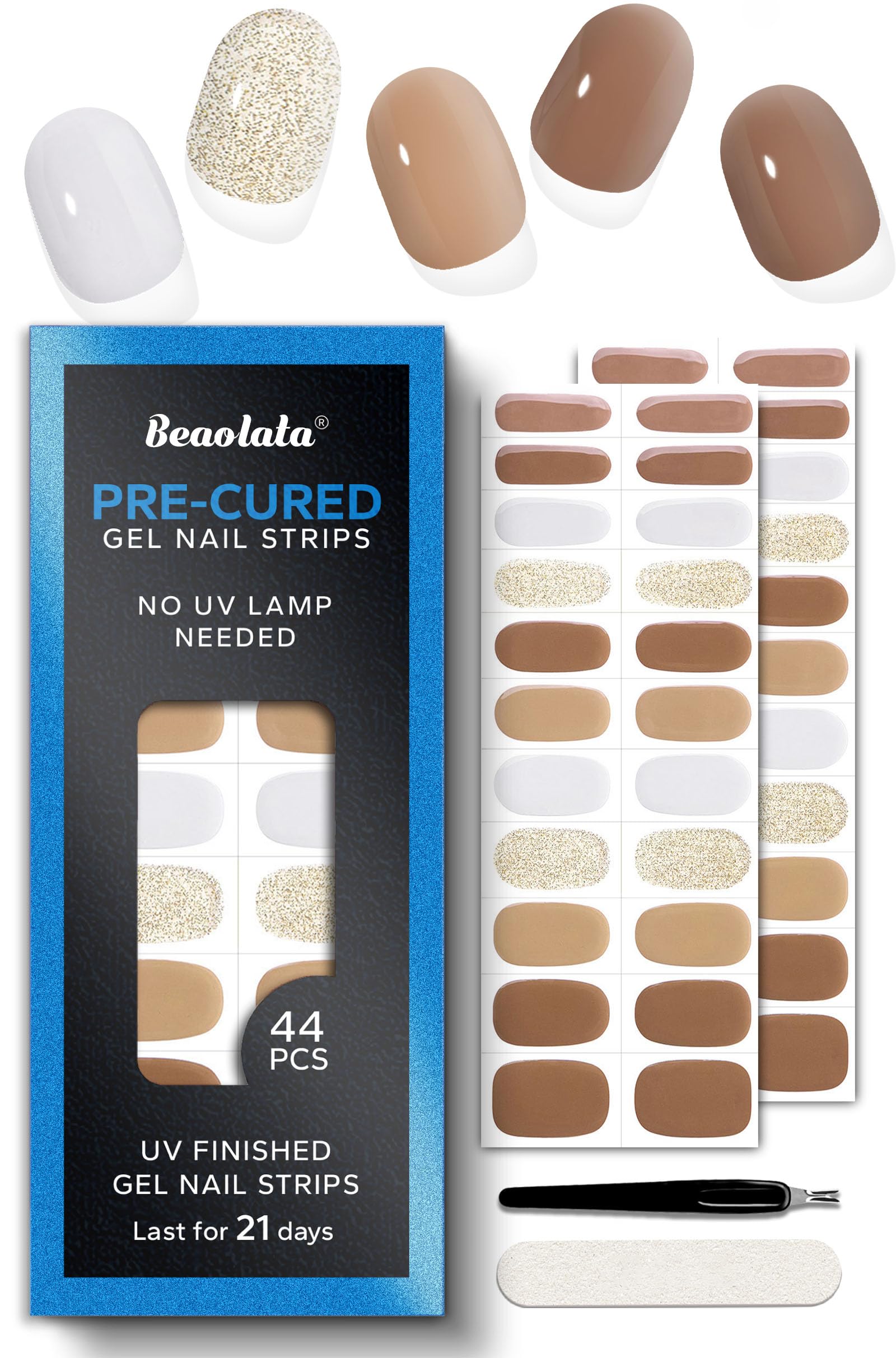 Beaolata Pre-Cured Gel Nail Strips – 44PCS Cinnamon Brown | No UV Needed