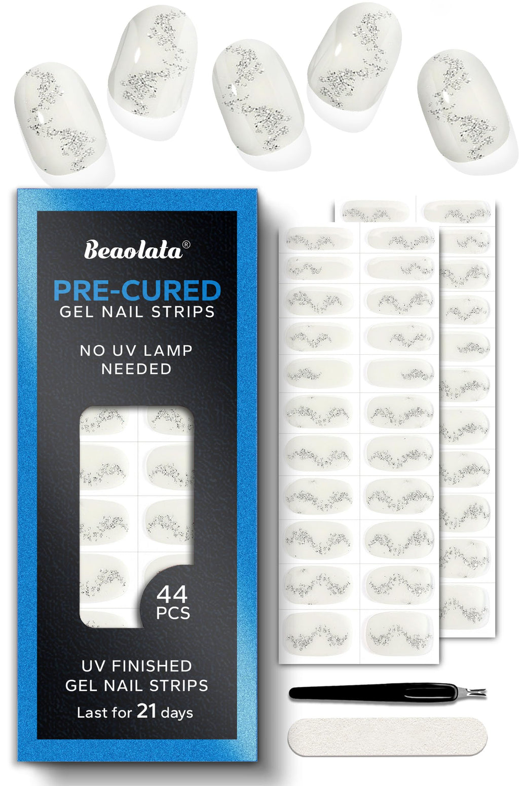 Beaolata Pre-Cured Gel Nail Strips – 44 PCS Salon-Quality, No UV Needed, Easy Apply & Remove (Midnight White)