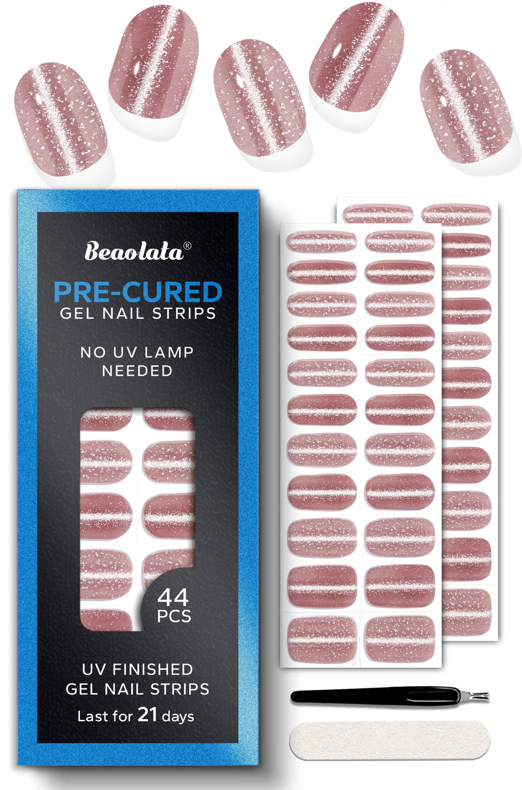 Beaolata Pre-Cured Gel Nail Strips – 44pcs, No UV Light, Salon-Quality Finish, Easy Apply & Remove | Starry Pink Sky