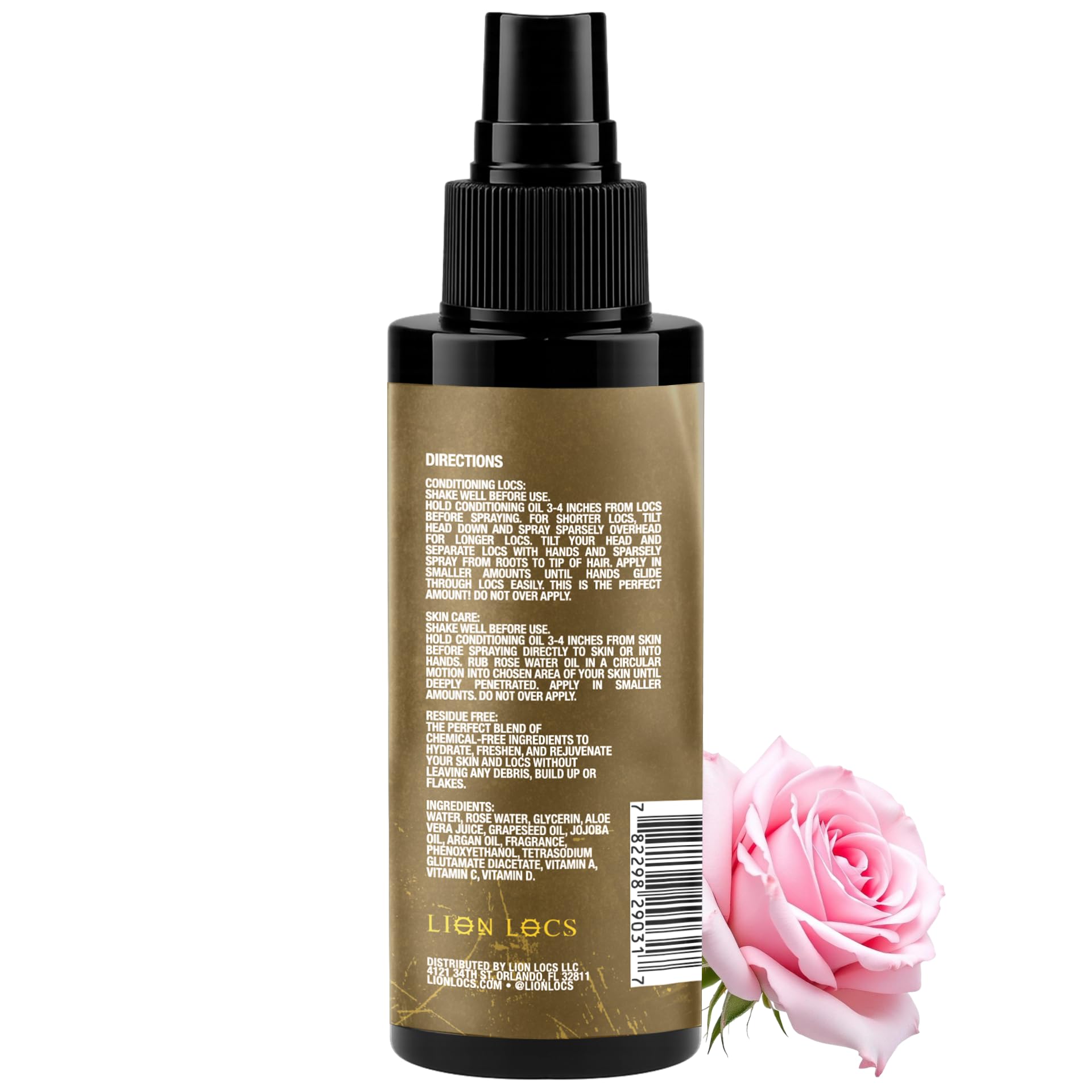 Beard Gains Lion Locs Rosewater Moisturizing Spray – Organic Vegan Rosewater for Locs & Skin (4oz, Tobacco)
