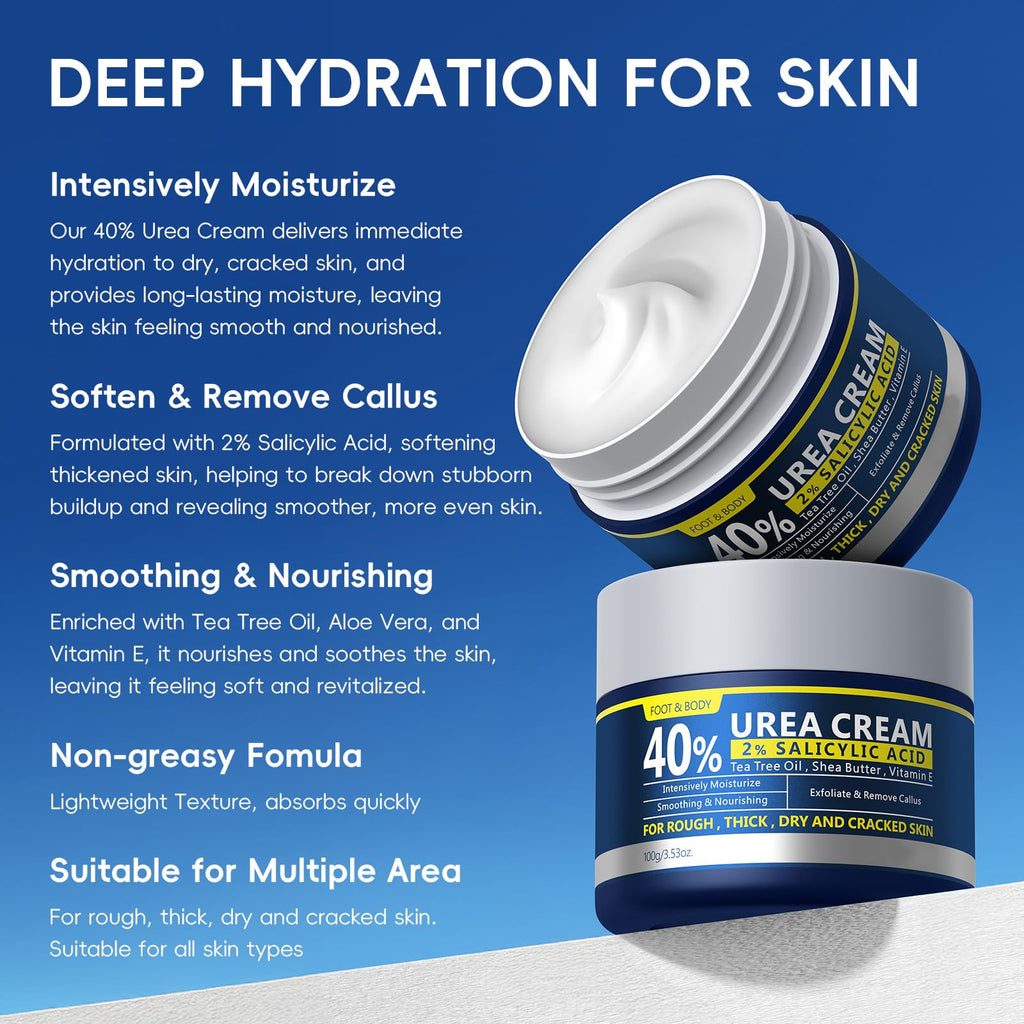 BeauBase 2 Pack Urea Cream 40% + 2% Salicylic Acid – Deep Hydration for Feet & Hands (3.53 oz)