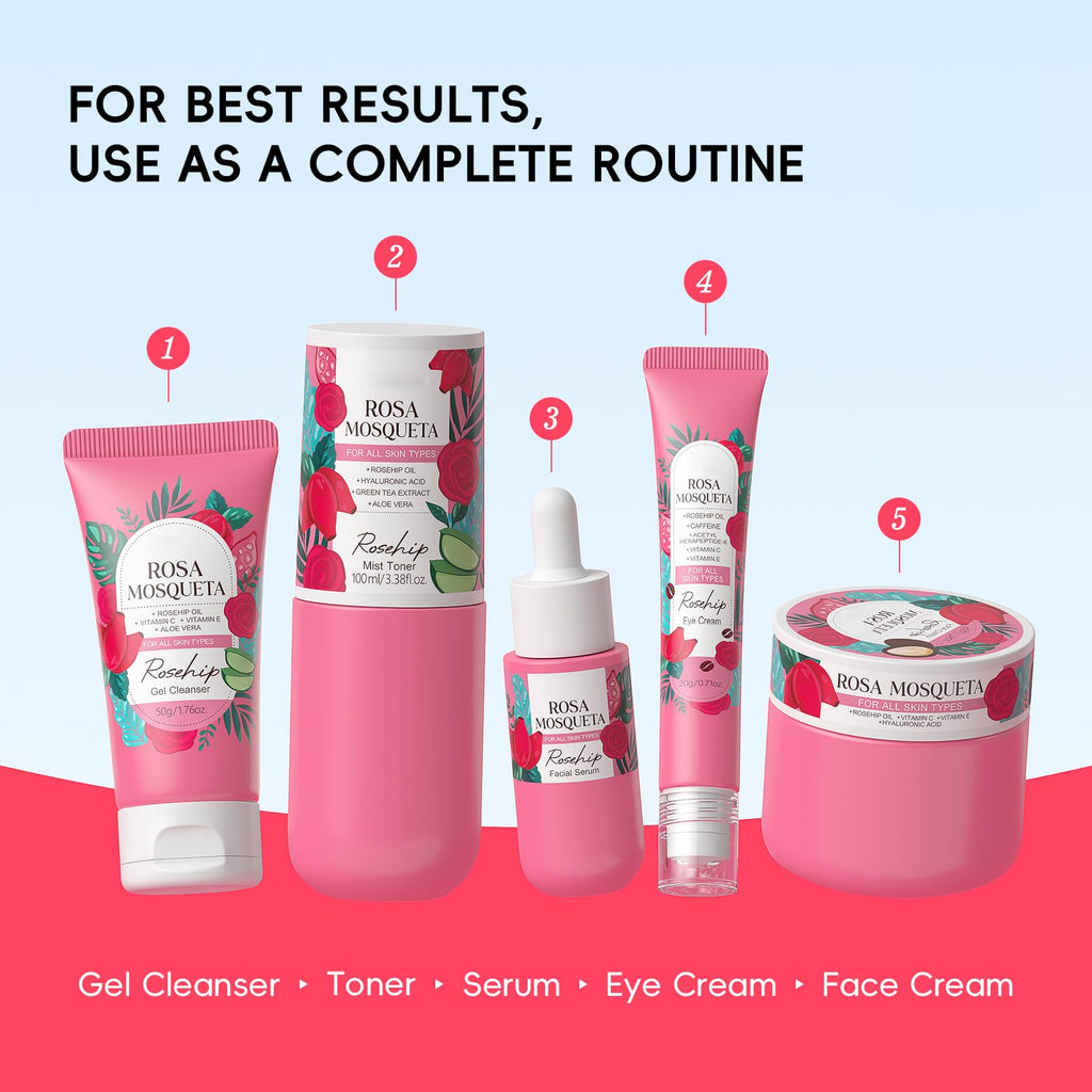 BeauBase Rosehips Korean Style 5-Step Skin Care Set | Cleanser, Toner, Serum, Eye Cream, Moisturizer