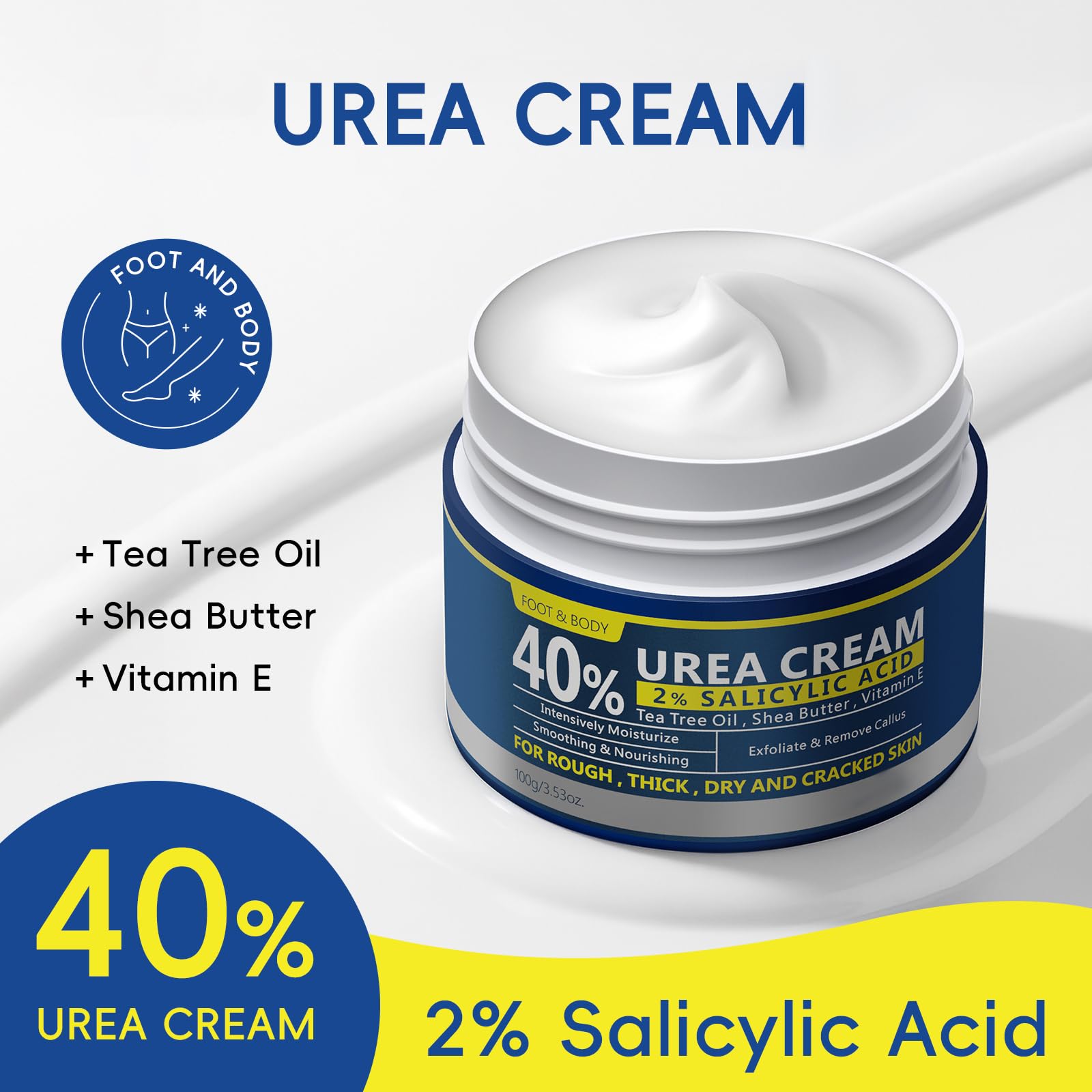 BeauBase 2 Pack Urea Cream 40% + 2% Salicylic Acid – Deep Hydration for Feet & Hands (3.53 oz)