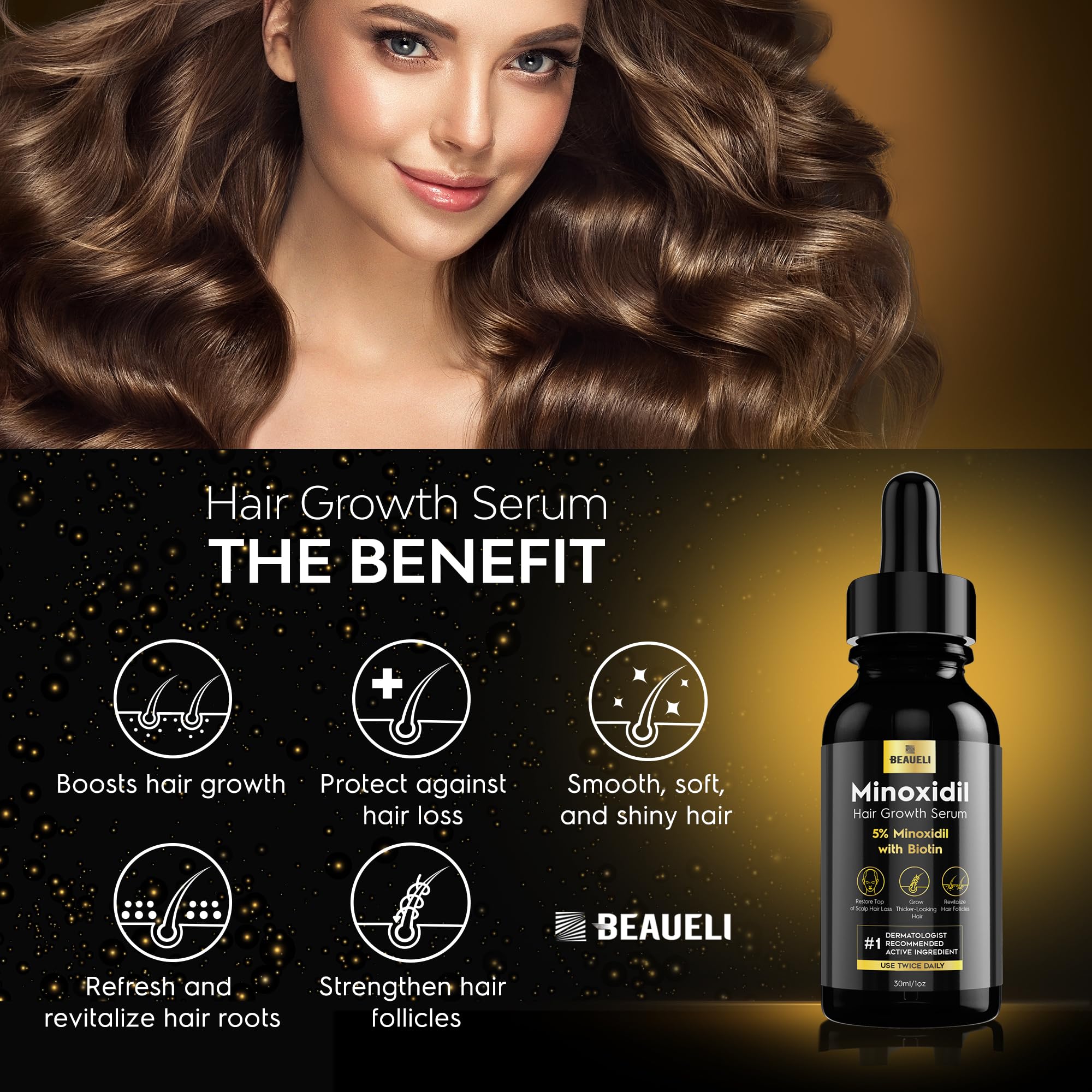 Beaueli 5% Minoxidil for Hair & Beard Growth — Unscented Foam, 3 x 3oz