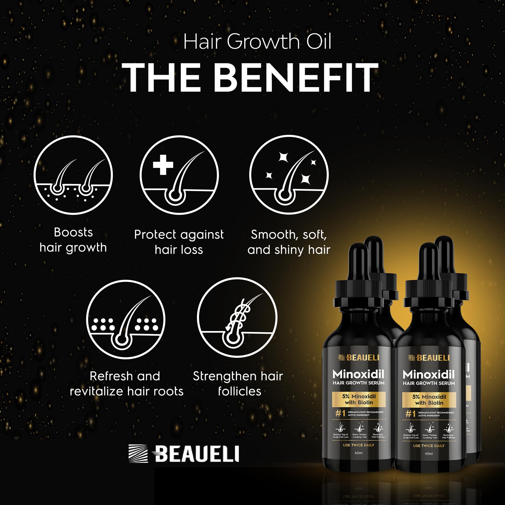 Beaueli 5% Minoxidil Hair Growth Serum for Men & Women — Extra Strength Beard & Hair Regrowth with Biotin, 8 FL OZ (4 bottles)