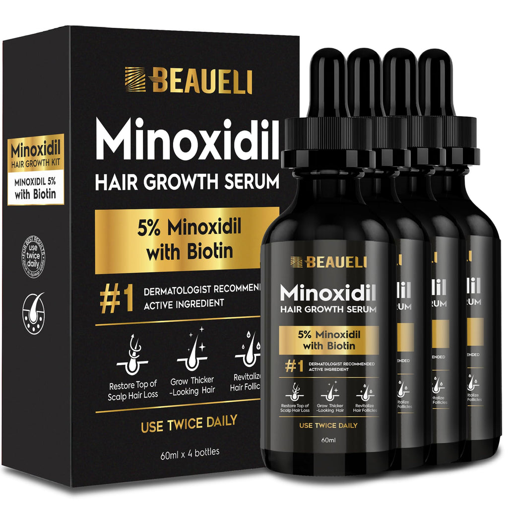 Beaueli 5% Minoxidil Hair Growth Serum for Men & Women — Extra Strength Beard & Hair Regrowth with Biotin, 8 FL OZ (4 bottles)