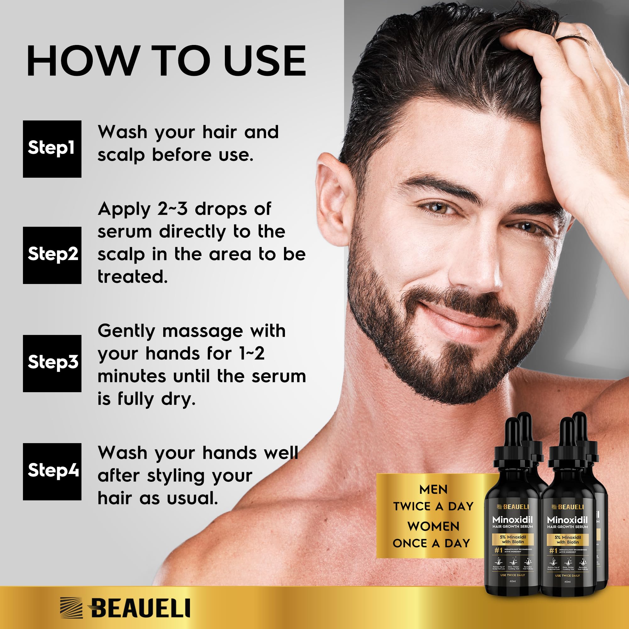 Beaueli 5% Minoxidil Hair Growth Serum for Men & Women — Extra Strength Beard & Hair Regrowth with Biotin, 8 FL OZ (4 bottles)