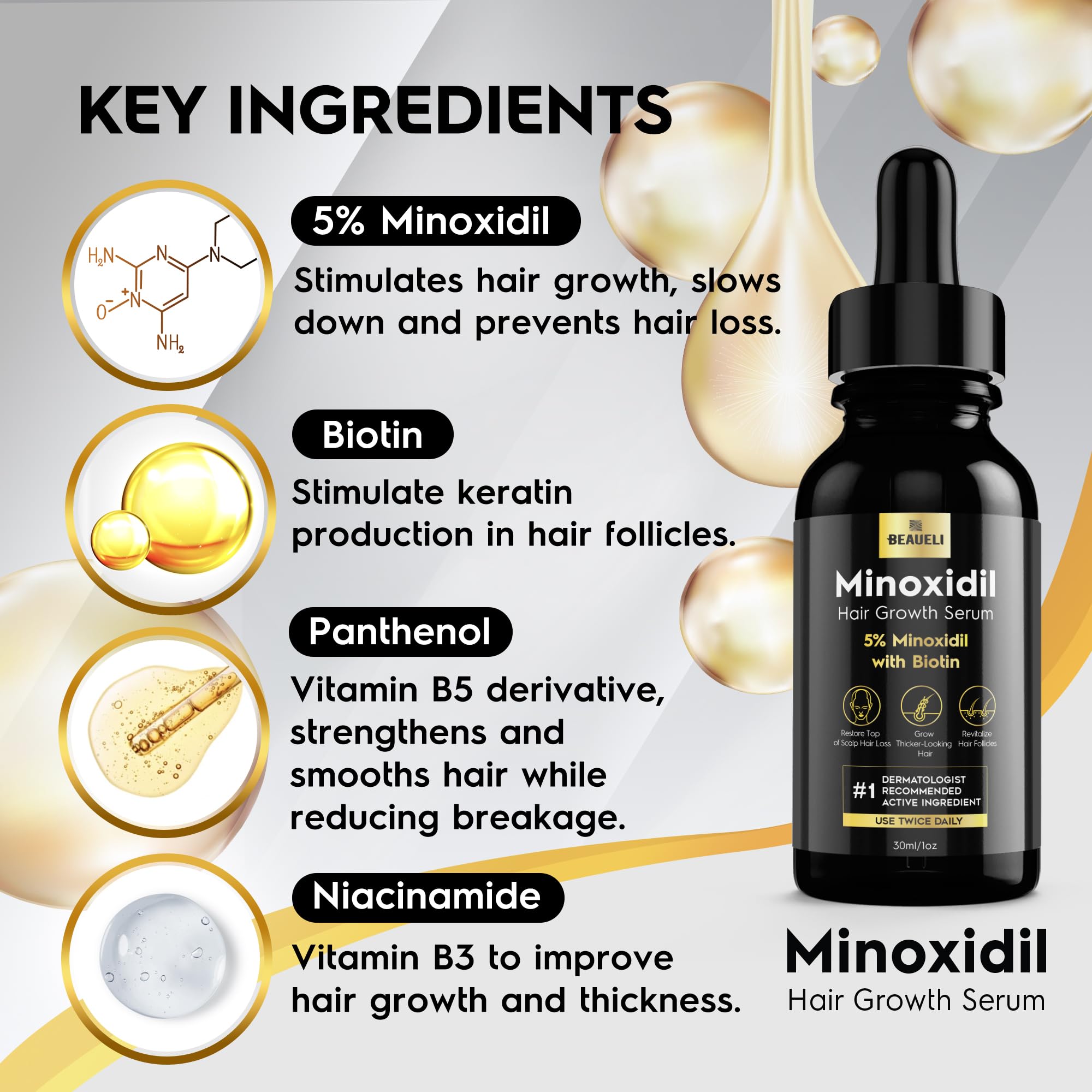Beaueli 5% Minoxidil Hair Growth Serum for Men & Women – 3x30ml Pack