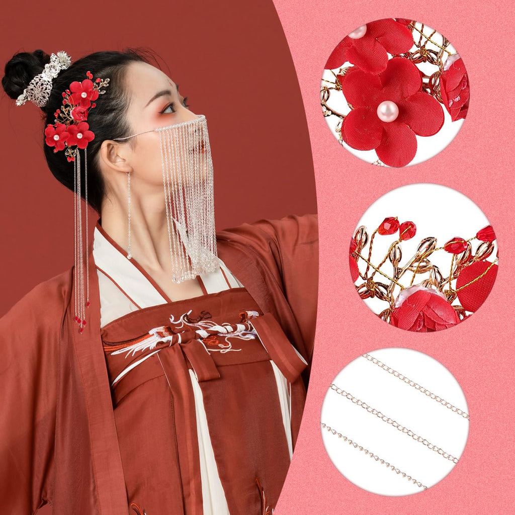 Beaupretty Chinese Wedding Hairpin – Red Tassel, Pearl Hanfu Pins, Vintage Hair Clips for Long Hair