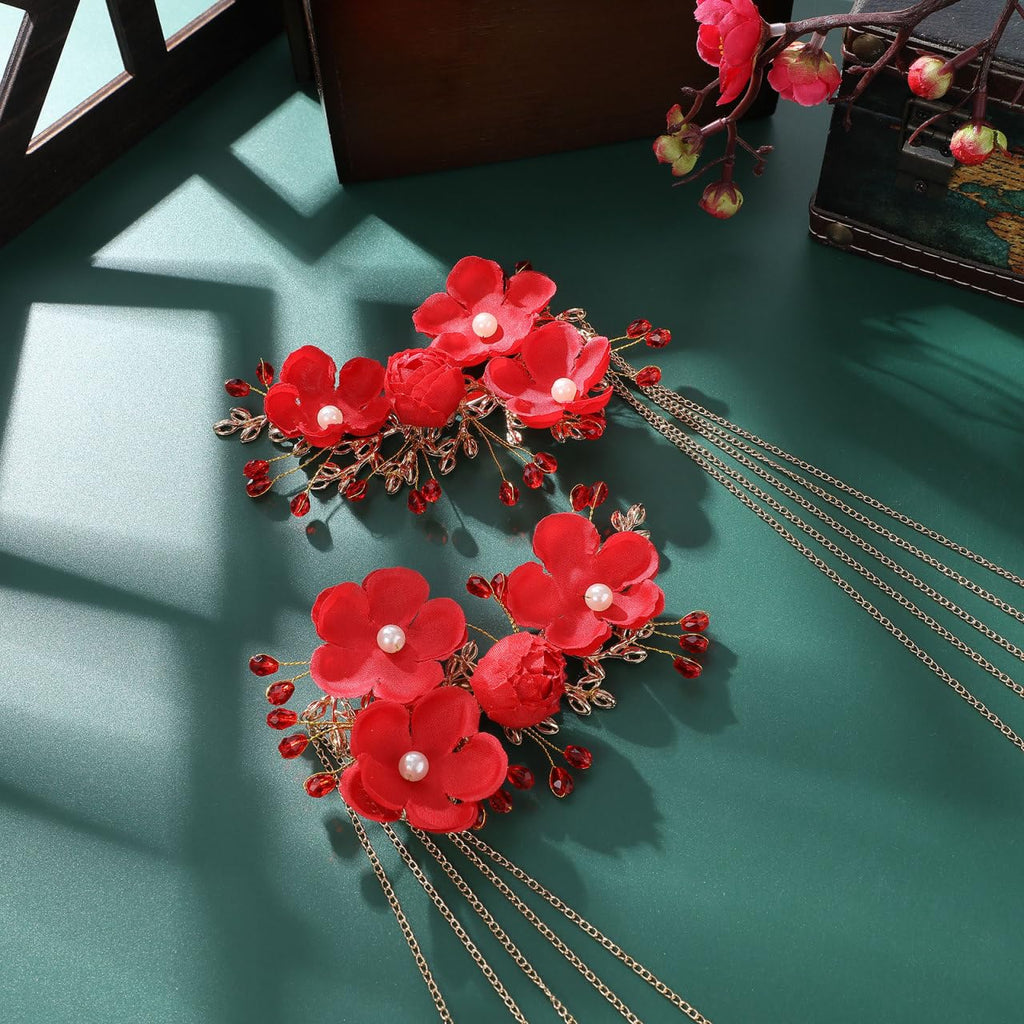 Beaupretty Chinese Wedding Hairpin – Red Tassel, Pearl Hanfu Pins, Vintage Hair Clips for Long Hair