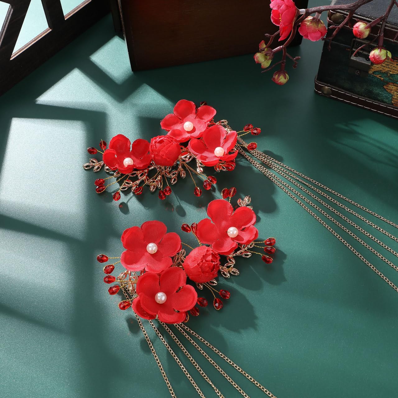 Beaupretty Chinese Wedding Hairpin – Red Tassel, Pearl Hanfu Pins, Vintage Hair Clips for Long Hair