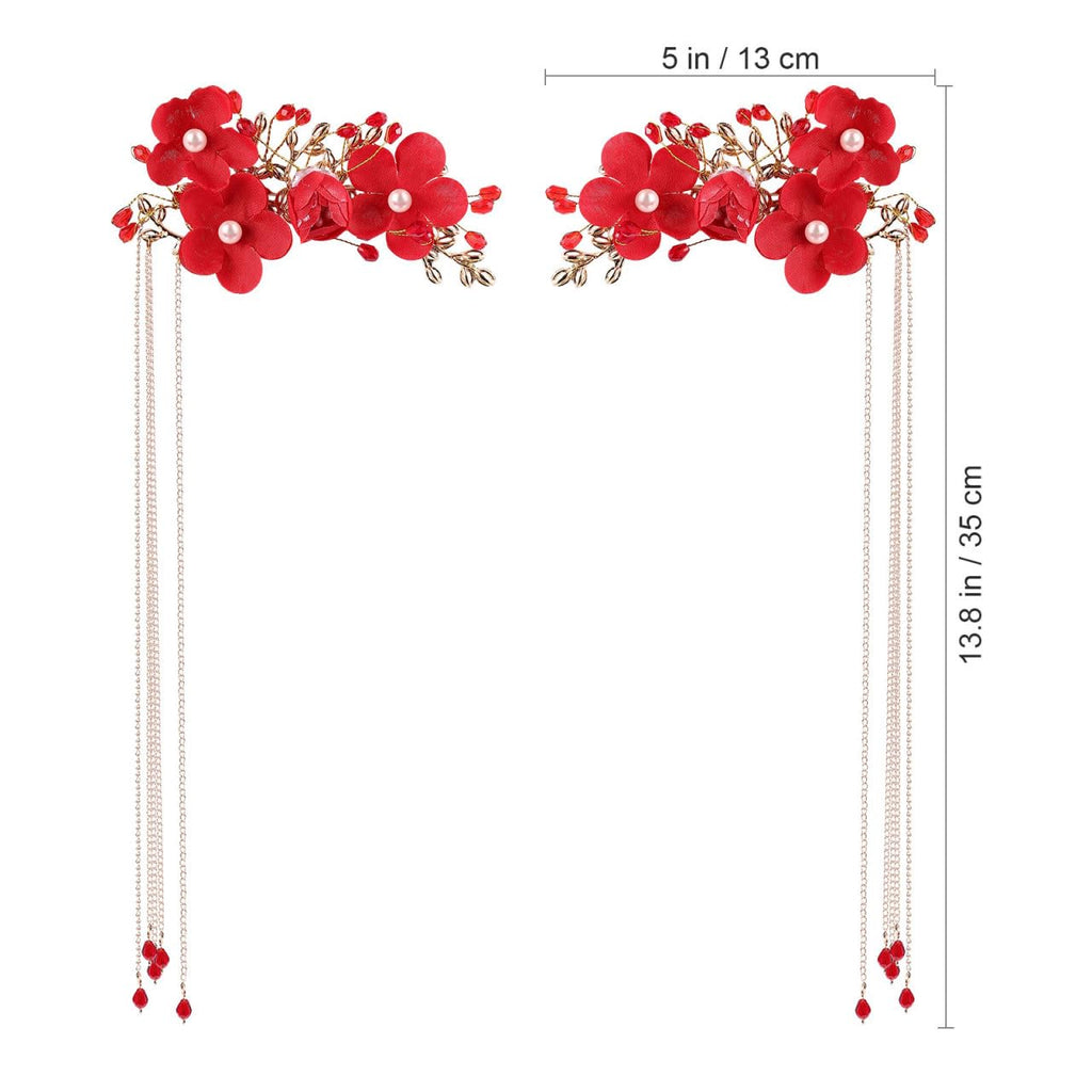 Beaupretty Chinese Wedding Hairpin – Red Tassel, Pearl Hanfu Pins, Vintage Hair Clips for Long Hair