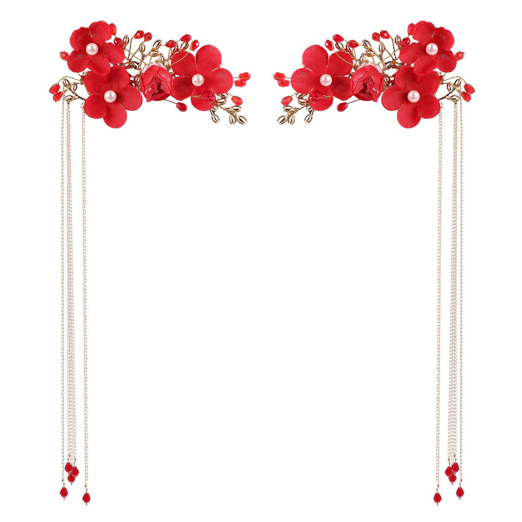 Beaupretty Chinese Wedding Hairpin – Red Tassel, Pearl Hanfu Pins, Vintage Hair Clips for Long Hair