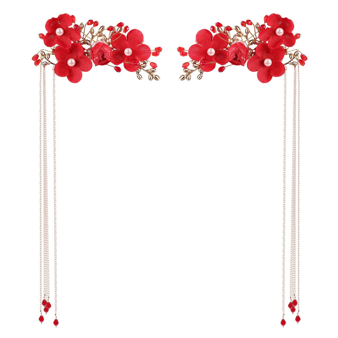 Beaupretty Chinese Wedding Hairpin – Red Tassel, Pearl Hanfu Pins, Vintage Hair Clips for Long Hair