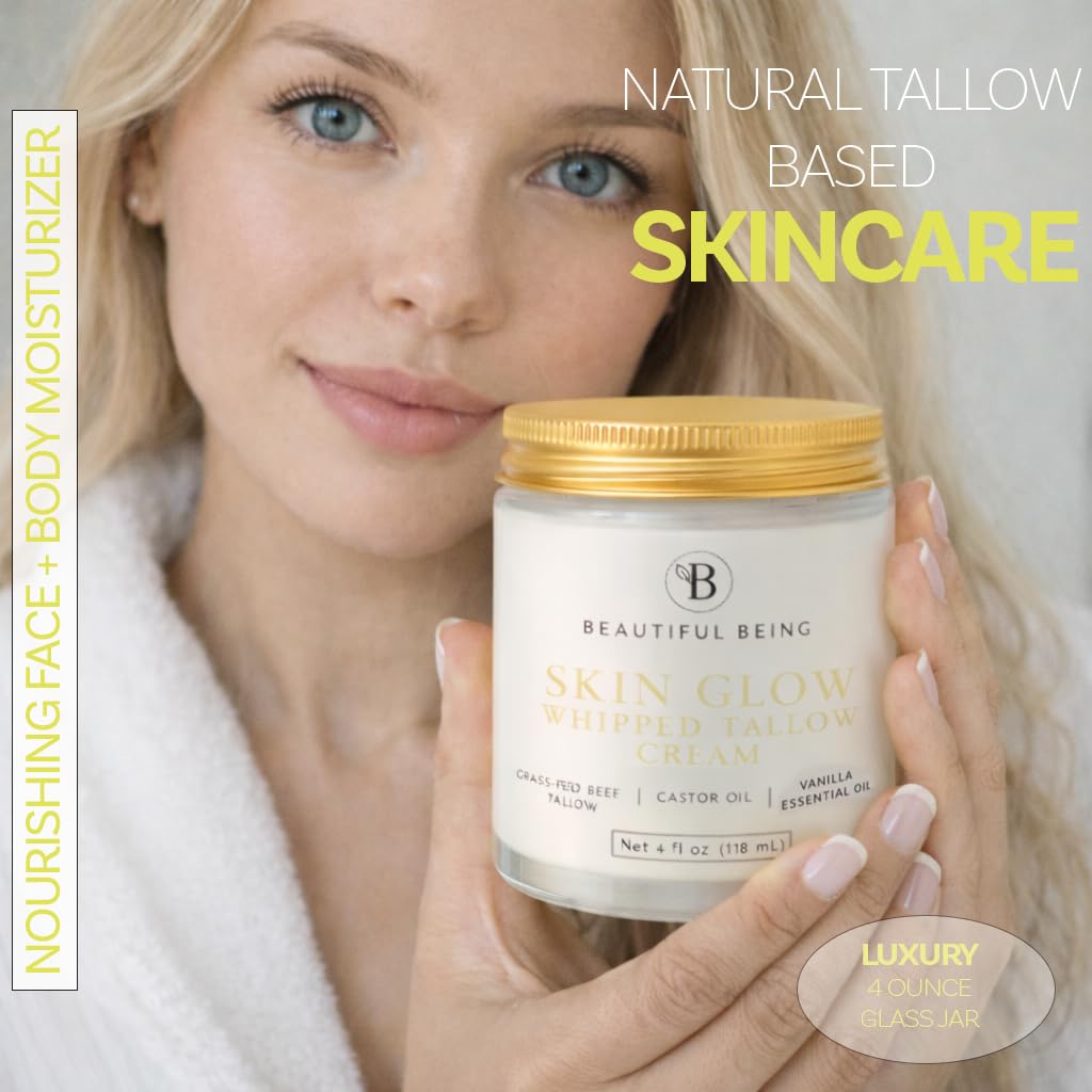 Beautiful Being Skin Glow – Grass-Fed Whipped Beef Tallow for Mature Skin | Gentle, Non-Toxic Face & Body Cream with Vanilla (4oz)