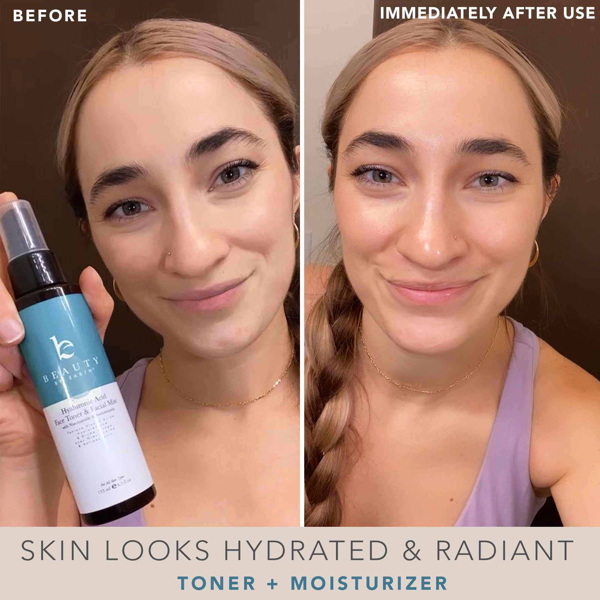 Beauty by Earth Hyaluronic Acid Toner for Face – USA Made, Fragrance-Free Hydration with Niacinamide