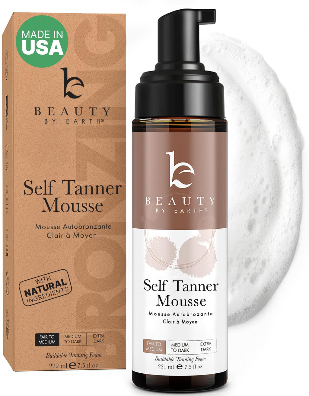 Beauty by Earth Self Tanner Mousse – USA Made, Natural & Organic, Streak-Free Tan
