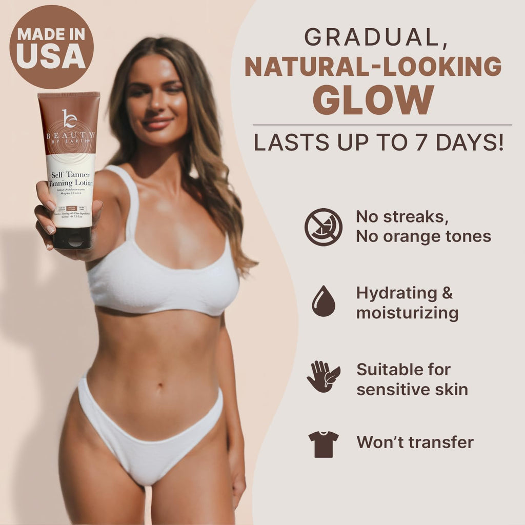 Beauty by Earth Self Tanner – USA Made, Natural Glow, Medium to Dark, Streak-Free