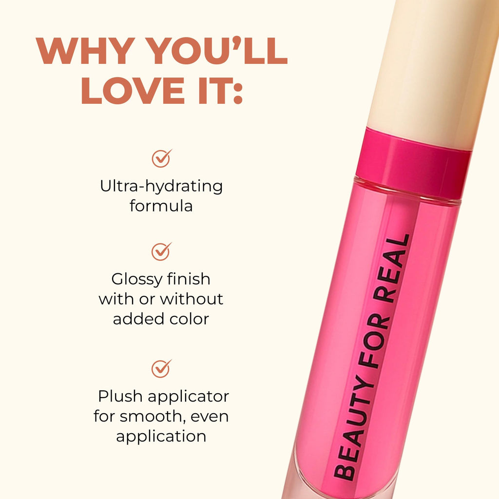 Beauty For Real Lip Revival Hi-Shine Hydrating Lip Oil – Raspberry Beret (Transparent Pink) | Lightweight, Non-Sticky Shine
